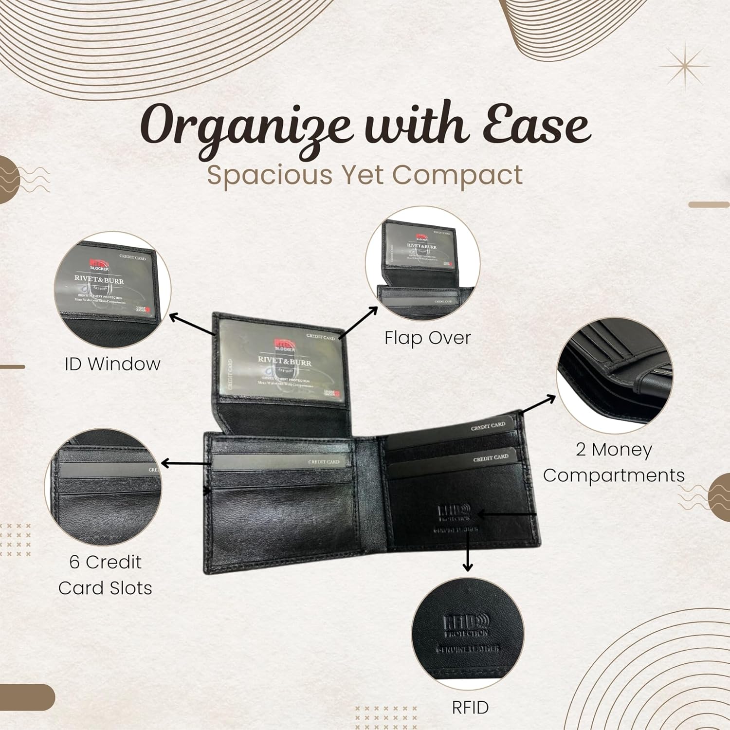 RIVET & BURR Genuine Leather Men’s Bifold Wallet for Men – RFID Blocking, Multi-Color Contrast Stitch – Gift Box, Keychain & Vanity Tray (Black) - Image 3