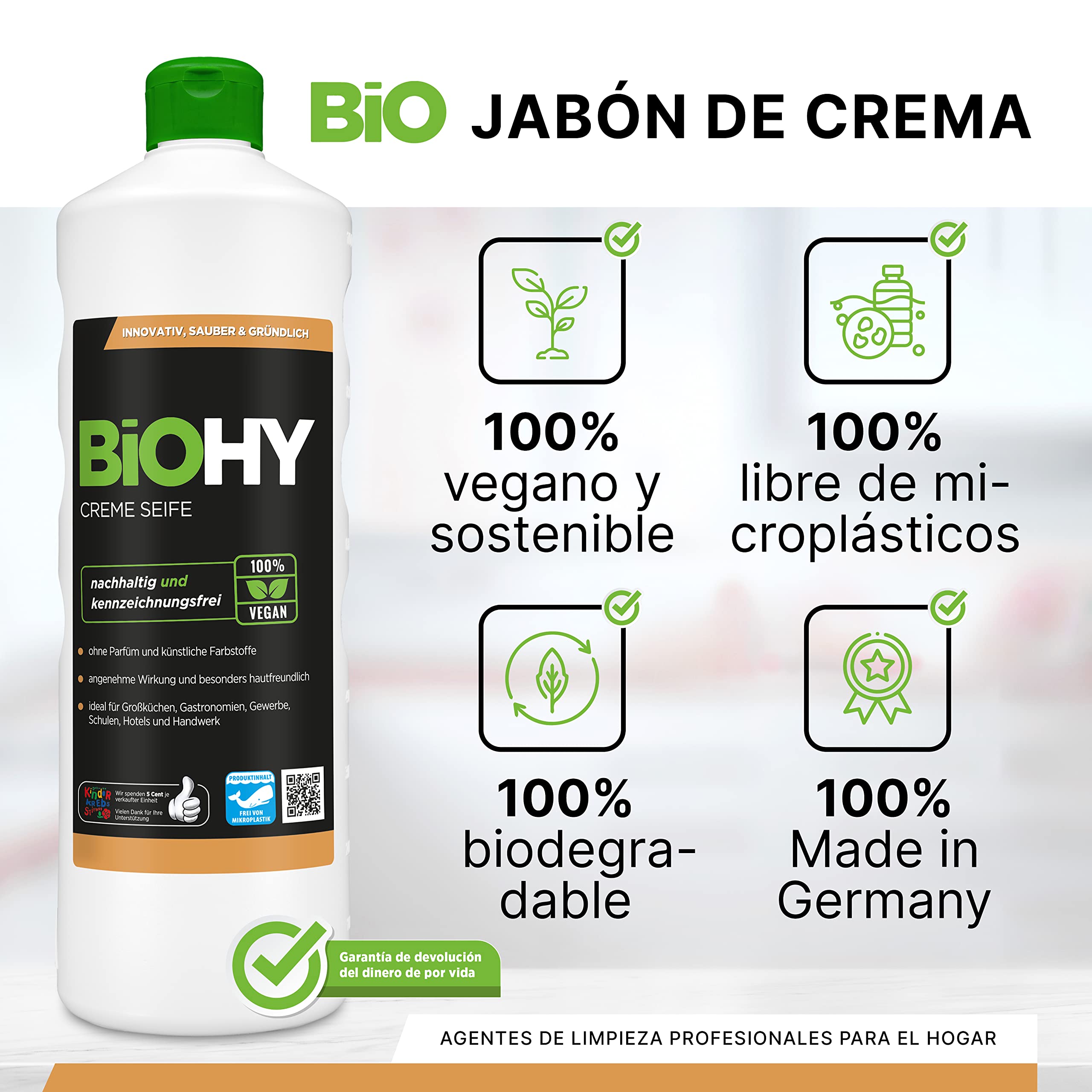 BiOHY Crema de Jabon (12 botellas de 1 litro) | Suave, hidratante e inodoro jabón de manos del sector vegetal | LIBRE DE FOSFATOS Sin perfume ni colorantes (Creme Seife)
