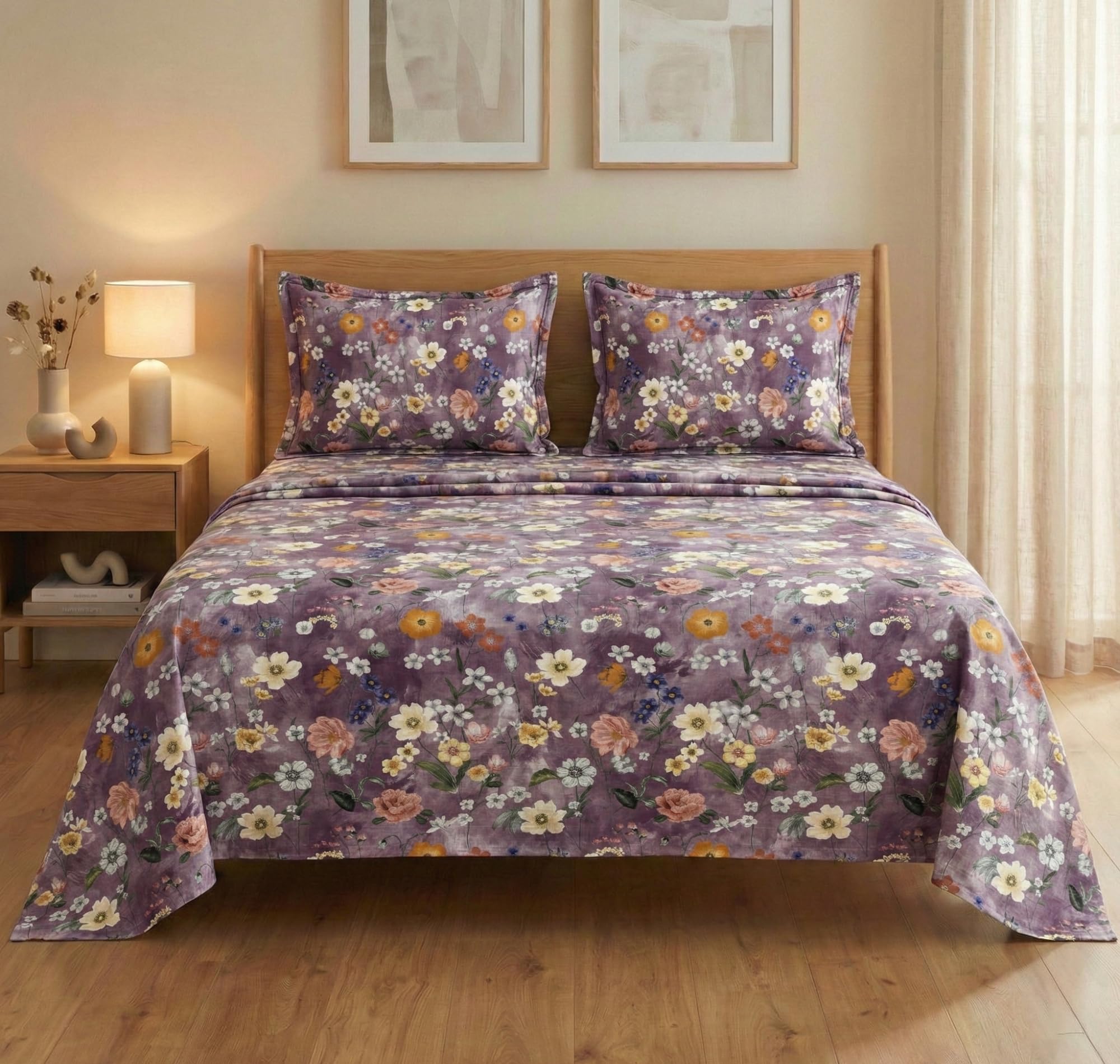 BSB HOME Cloud Cotton King Size Bedsheet Set 228 x 254 cm, 220 Thread Count Soft & Breathable Cotton Bedsheet with 2 Pillow Covers, Floral Printed Bedding for Home (Dusty Lavender)-image-28