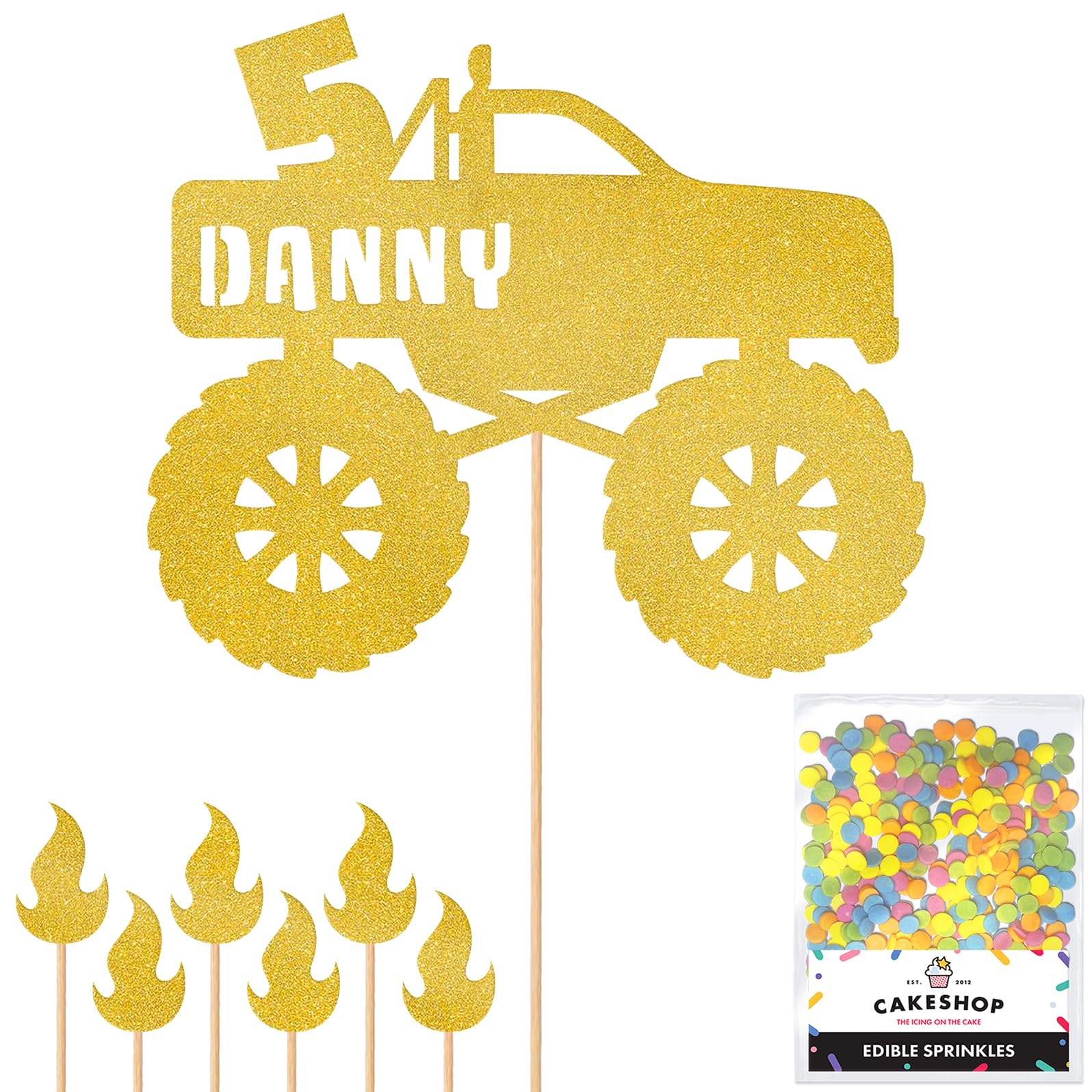 Personalised Monster Truck Glitter Cake Topper- Gold Any Custom Age & Name Glitter Cake Decoration and Sprinkles - Happy Birthday Decorations - Personalised Toppers for Cakes by Cakeshop โ image 1