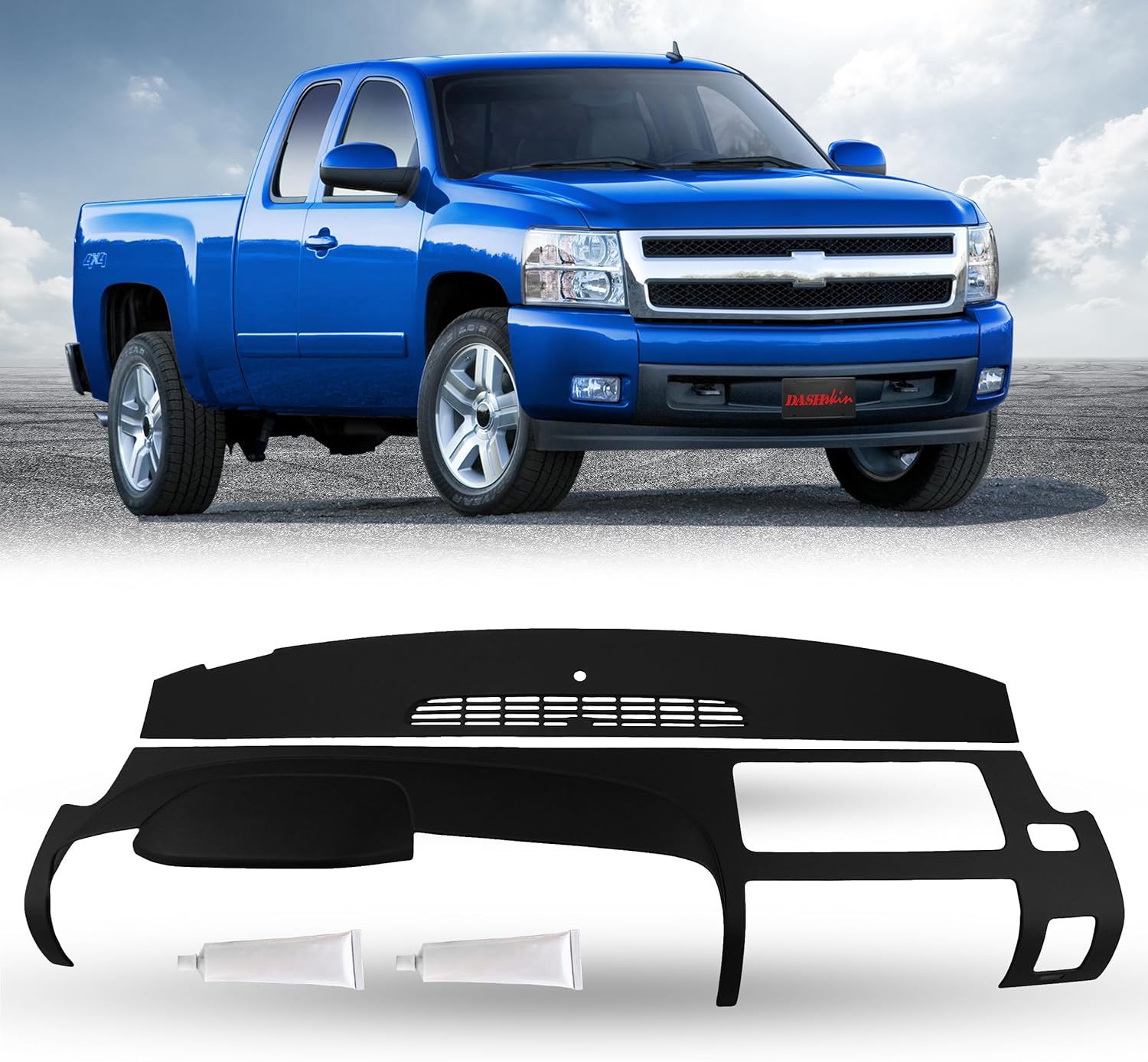 DashSkin 2-Piece Molded Dash Cover Cap Compatible with 2007-2013 Silverado/GMC Sierra w/Dual Glovebox Dashboards in Ebony/Black – Made in The USA