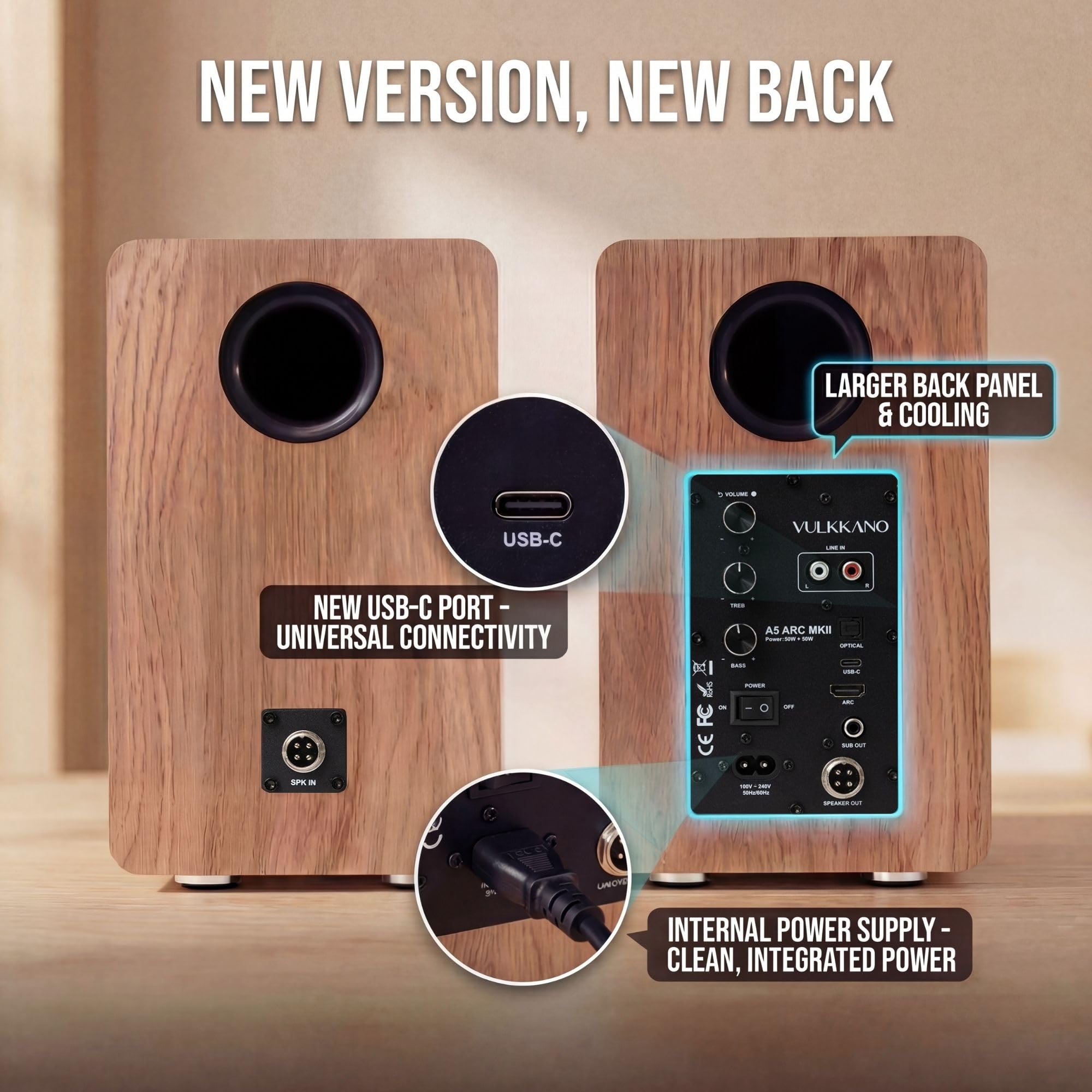 VULKKANO A5 ARC MKII Altoparlanti Autoamplificati con Woofer da 5,25", Bluetooth 5.0, HDMI ARC, Optica, RCA, USB, con uscita subwoofer, altoparlanti per TV dal design elegante, colore marrone
