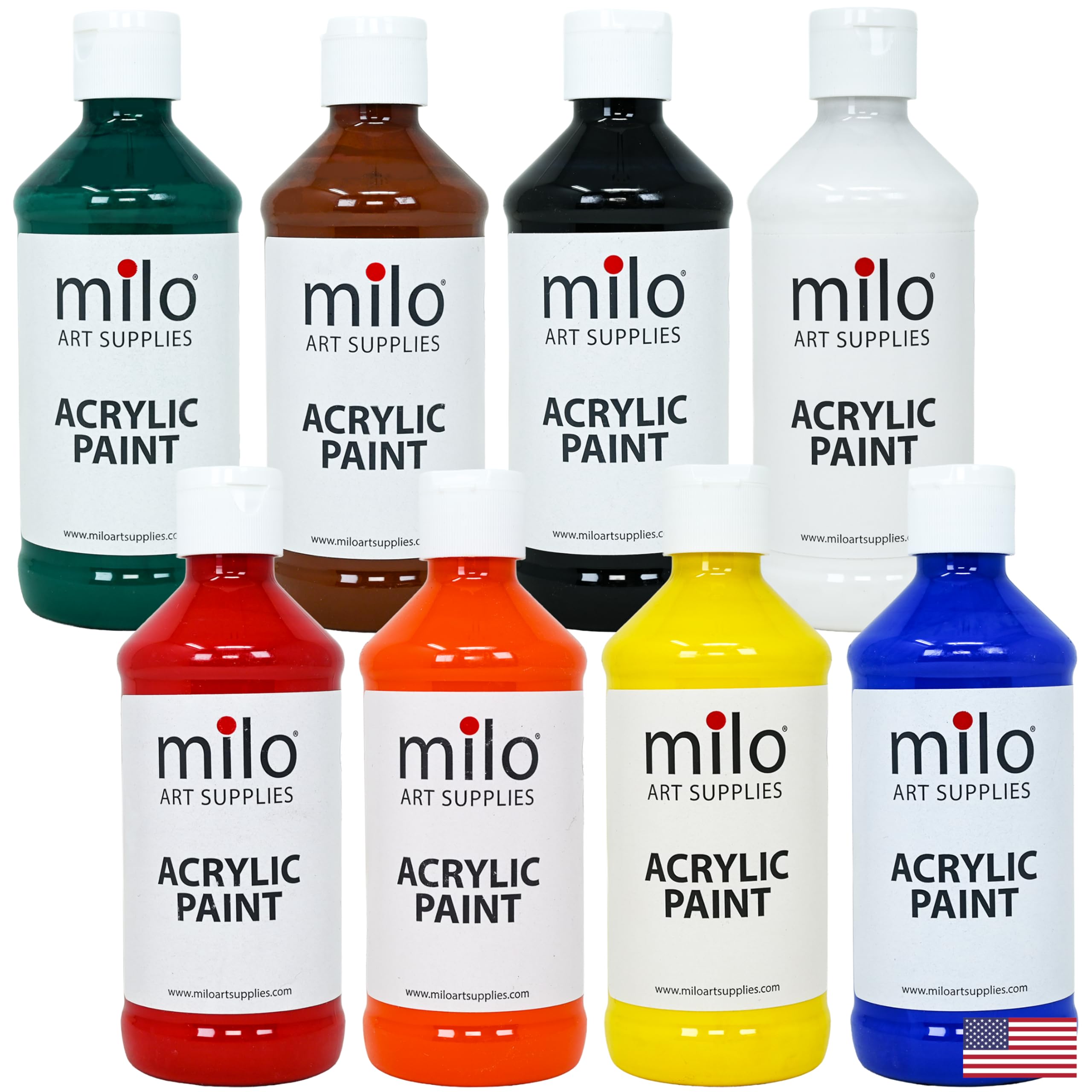 milo Acrylic Paint Set, 8 Primary Colors, 8 oz Bottles, Semi-Gloss