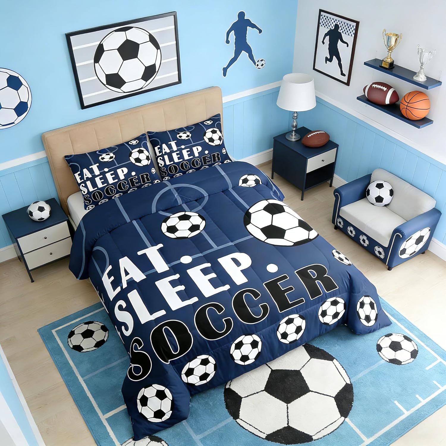 Erosebridal Soccer Comforter Set Twin Sports Bedding Sets for Boys Girls Football Down Comforter Soccer Ball Games Bed Set Football Room Decor for Boys Teen Quilt Set 2 Pcs Navy Blue