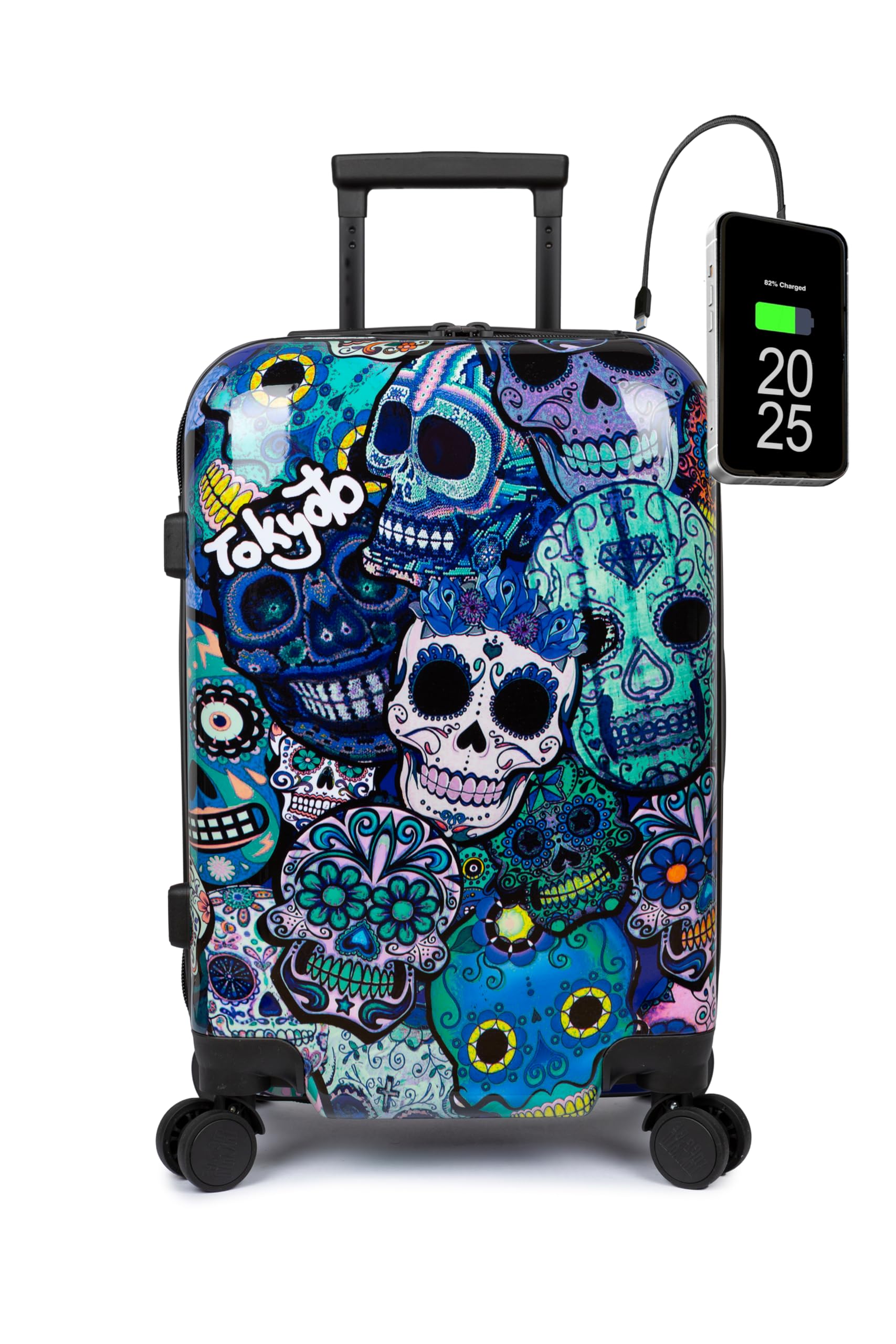 Maleta Cabina Infantil Juvenil 55x35x20 USB Blue Skulls Calaveras Mexicanas | Diseño de catrinas; equipaje juvenil infantil ligero con USB y Powerbank, 4 ruedas dobles