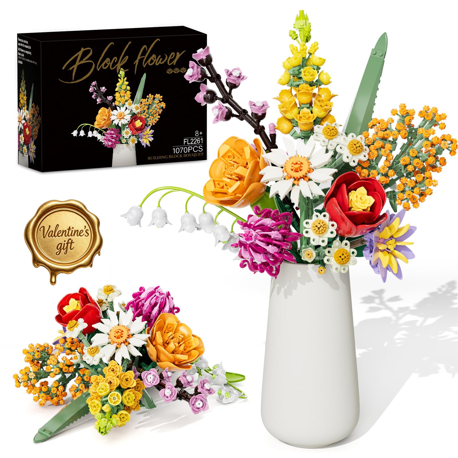 Blumen Bausteine Set für Erwachsene, 1070 Stück Blumenstrauß, künstliche Blume Bauklötze Bausatz Spielzeug für Frauen Mädchen, Home Deko Geschenk für Geburtstag, Muttertag, Valentinstag (keine Vase)