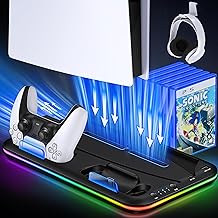PS5 Stand with 4 Level Cooling Fan and RGB LED, Dual Fast PS5 Controller Charging Station for PS5 Digital/Disc, Accessories Incl. 6 Game Storage, Headset Holder, Dust Baffle