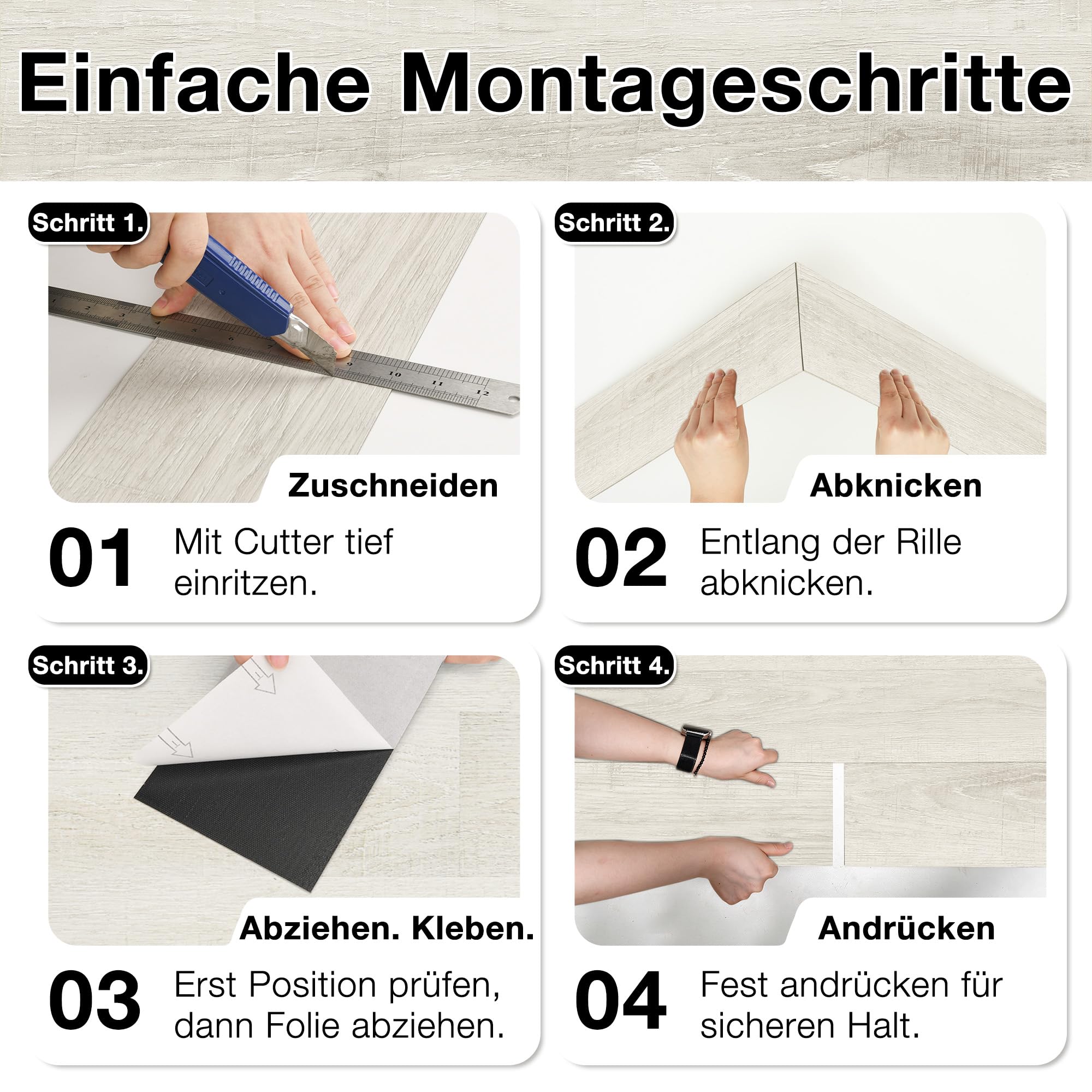 MULGREAT Dalle PVC Adhesive Sol - 16 pcs (2,23m²) Revêtement de Sol Bricolage - Lames Adhésives Vinyle Effet Grain de Bois - Imperméable et Découpable pour Locataire DIY - Blanc Thé