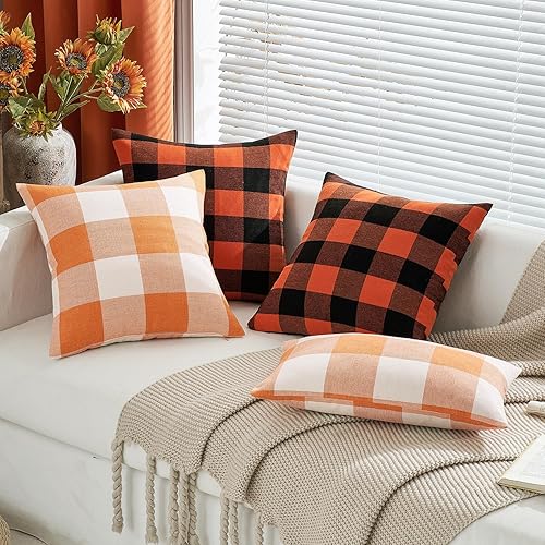 Miniatura 5 de Woaboy Paquete de 2 fundas de almohada de otoño a cuadros de búfalo a cuadros, almohadas de lino suave, decorativas para sofá, decoración del hogar,