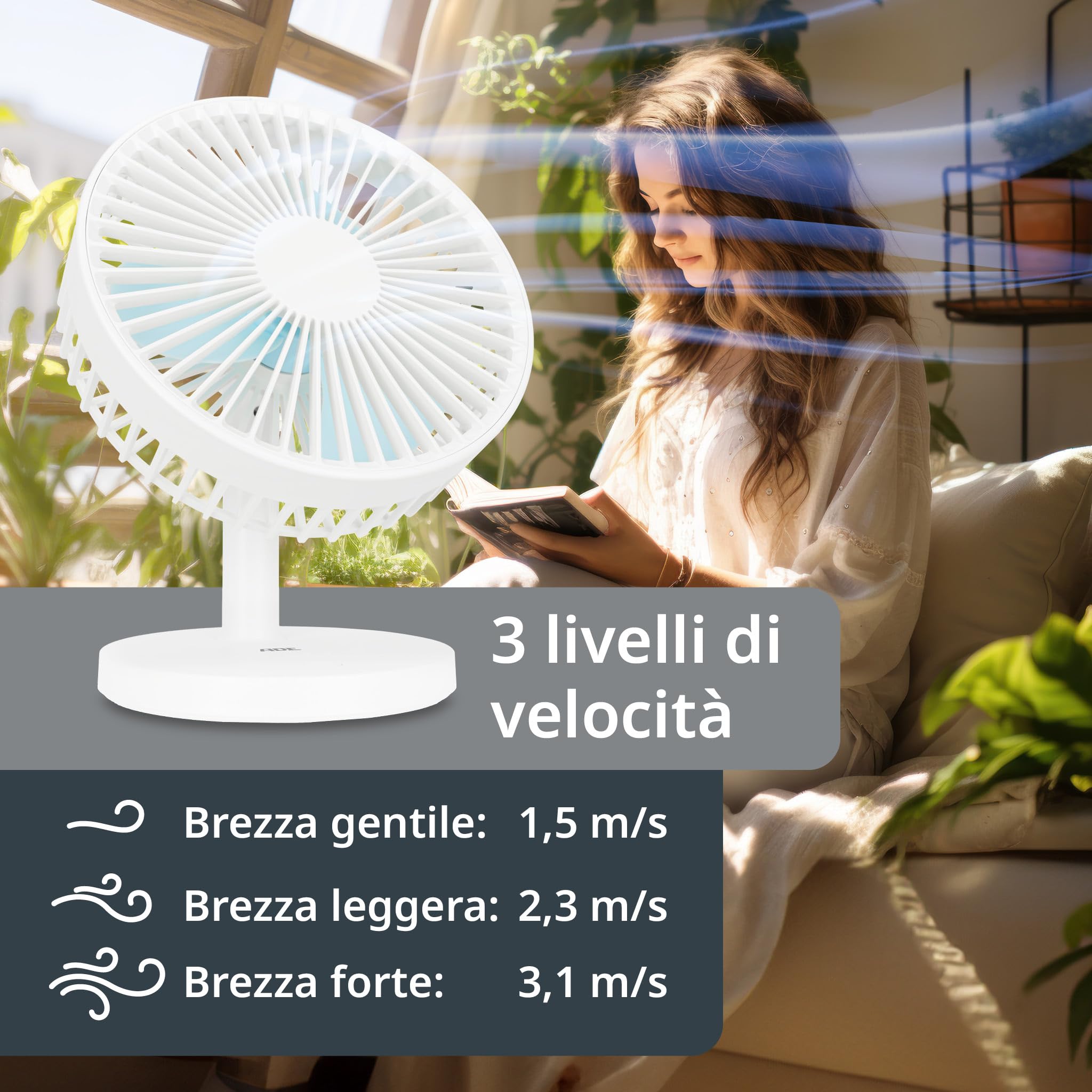 ADE Ventilatore da tavolo USB molto silenzioso | Ventilatore portatile a batteria | 3 livelli di velocità | Batteria autonomia di 7,5 ore | inclinazione di 90° | Leggero e flessibile | bianco