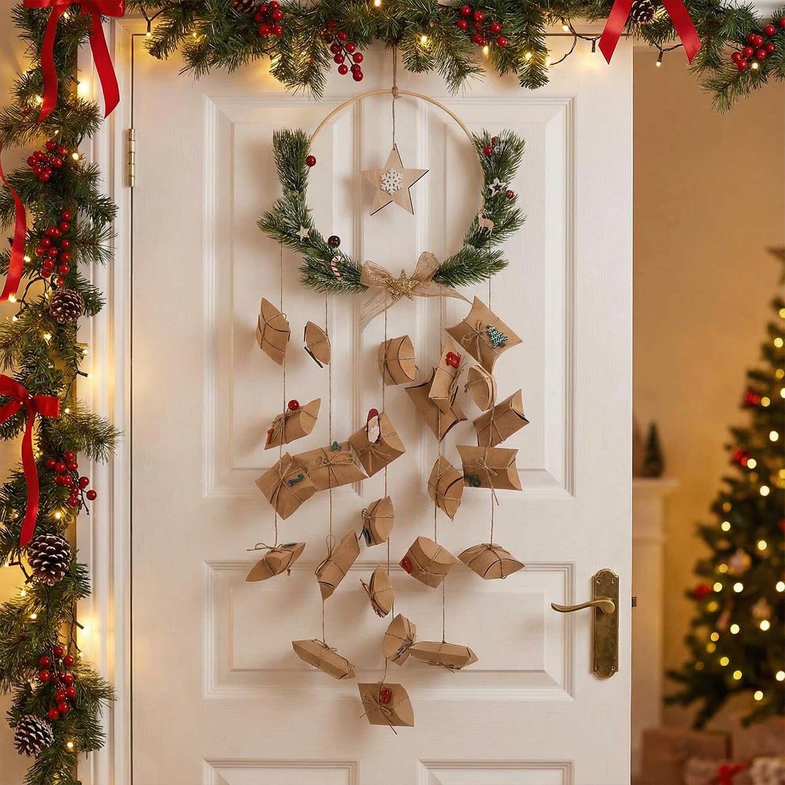 Calendario dell'Avvento natalizio con ghirlanda di Natale e scatole per cuscini in pelle bovina, decorazione natalizia per conto alla rovescia, regali fai da te per la casa e la cameretta dei