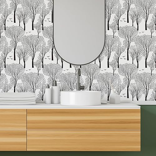 Miniatura 5 de VEELIKE Papel tapiz bohemio con diseño de bosques y flores, color blanco y negro, de 17.7 x 118 pulgadas, papel de contacto autoadhesivo y prepegado