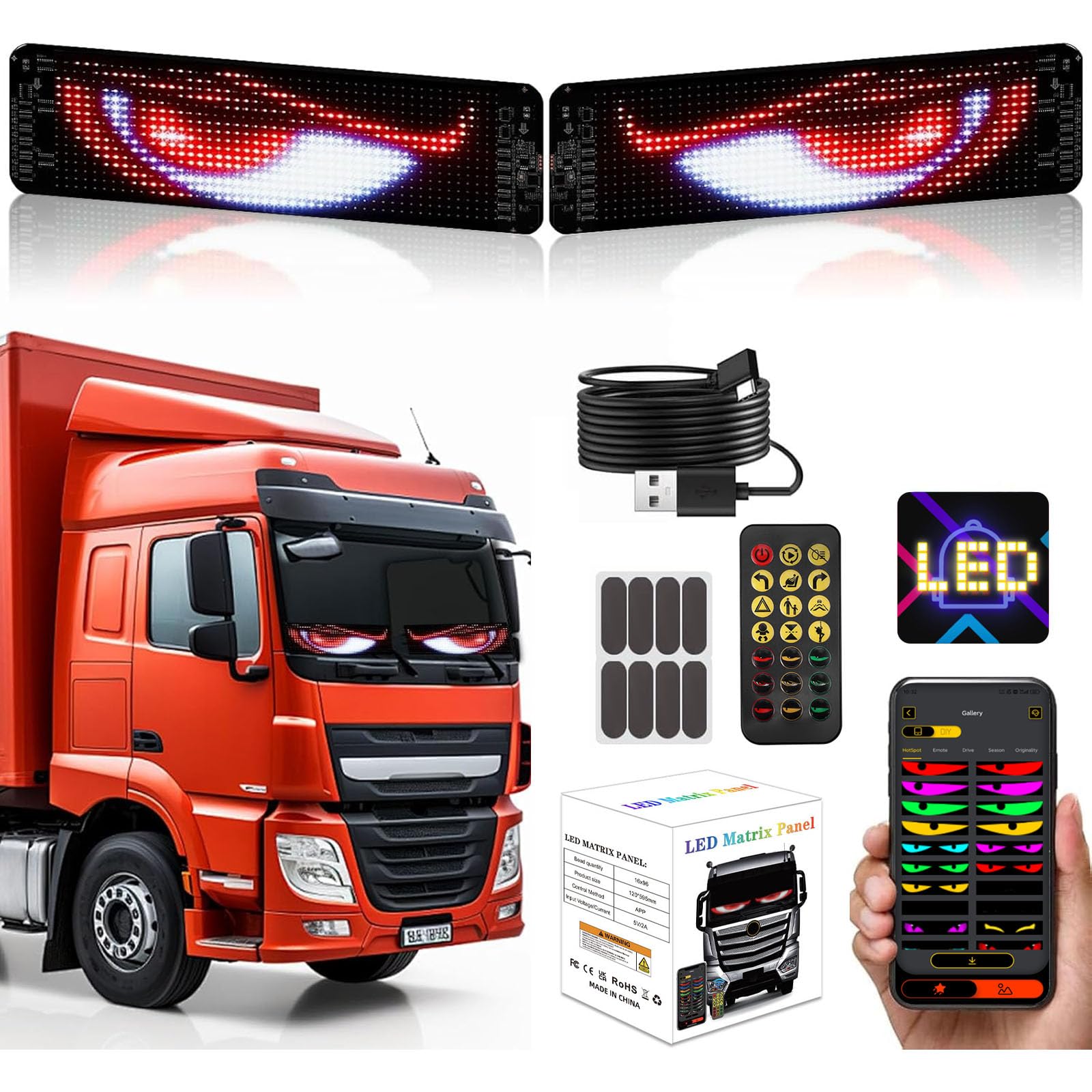 2 pezzi Devil Eyes Light for Cars Occhi per camion, Colorful Devil Eye Lamp Soft Screen for Car Window, display flessibile programmabile per auto con controllo APP e telecomando, 102 x 348 mm