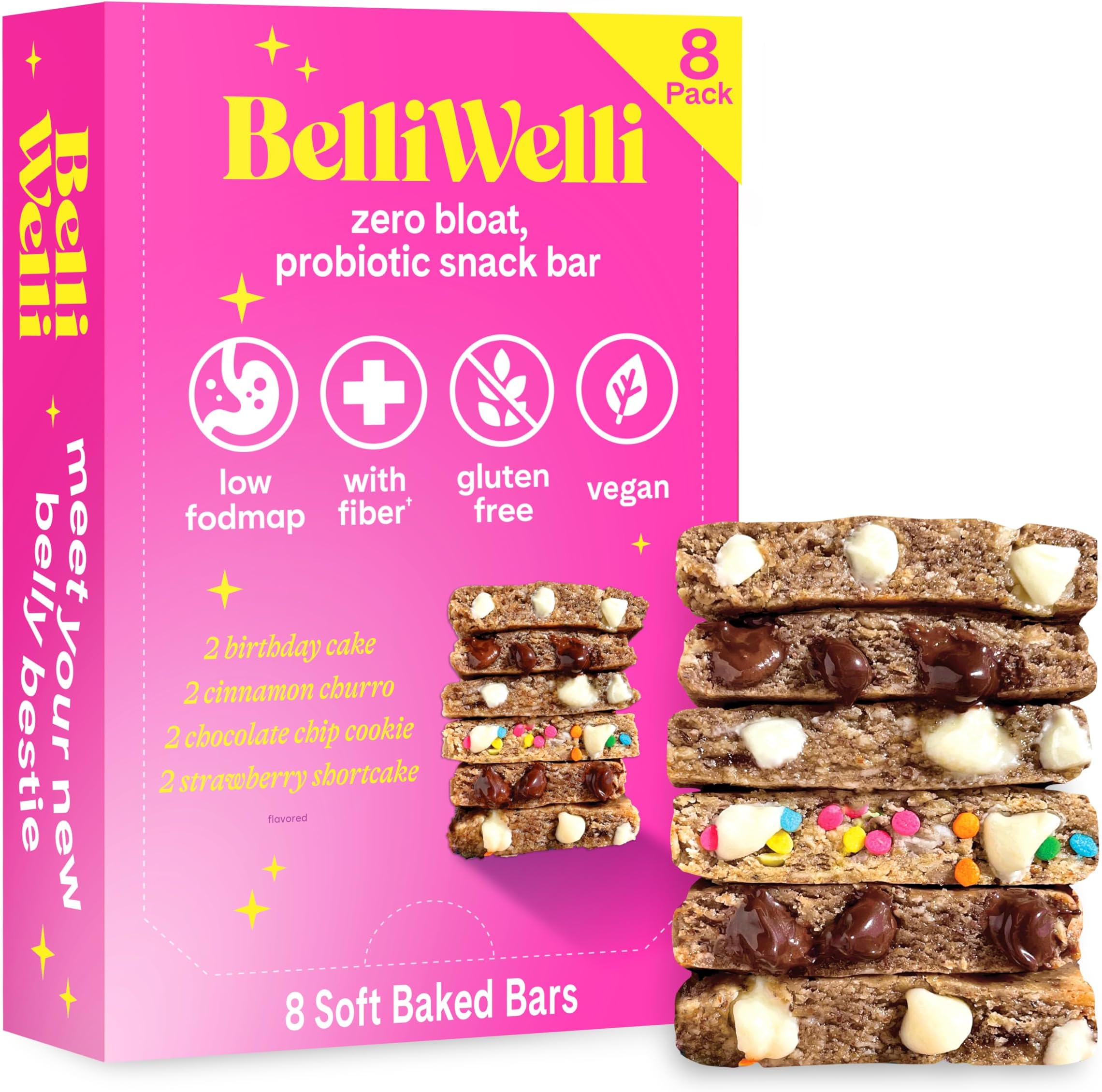 Belliwelli Soft Baked Probiotic Snack Bars | Gluten-Free, Dairy-Free, Vegan, Low-FODMAP | High-Fiber, Healthy & Tasty | Variety (8 Pack)