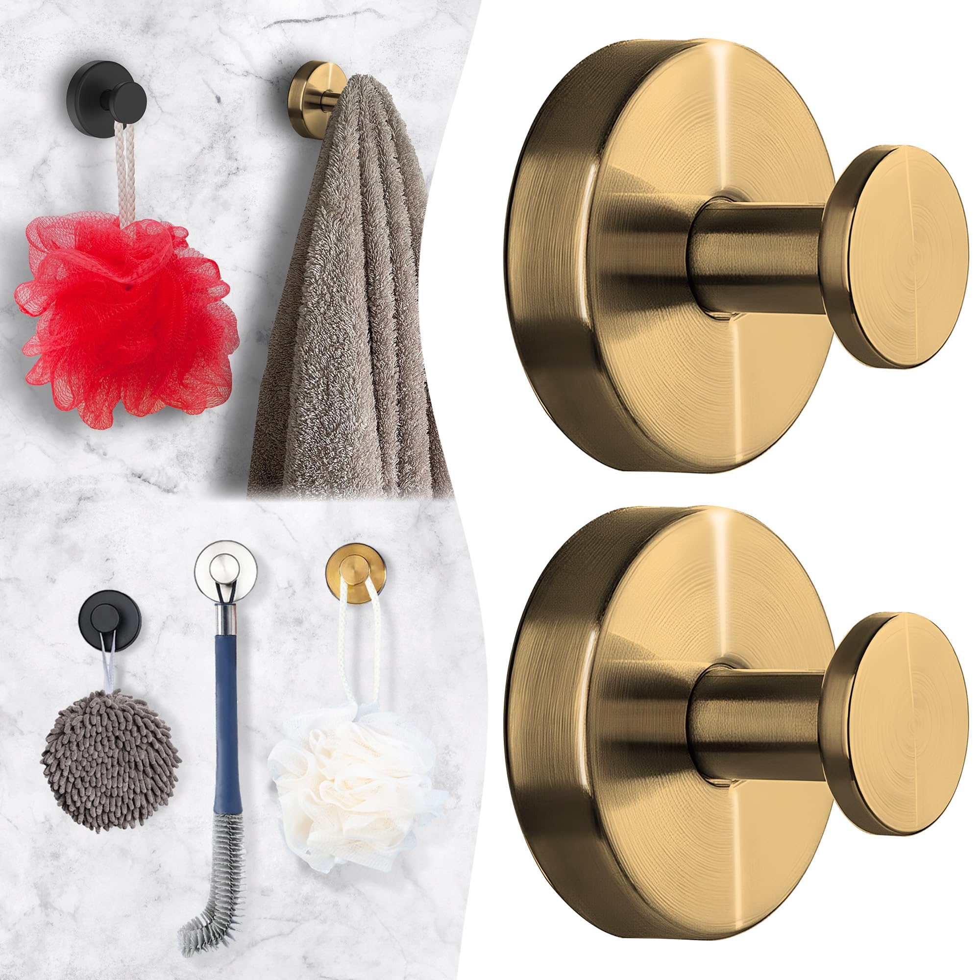CZMGFKD Suction Cup Hooks for Shower, No Drill for Bathroom Wall,Kitchen,Glass Window,Tile to Hang Towels,Robes, Loofah,Wreath. Heavy Duty Suction Cup Hooks for Hanging up to 15 lb(2Pcs Gold)
