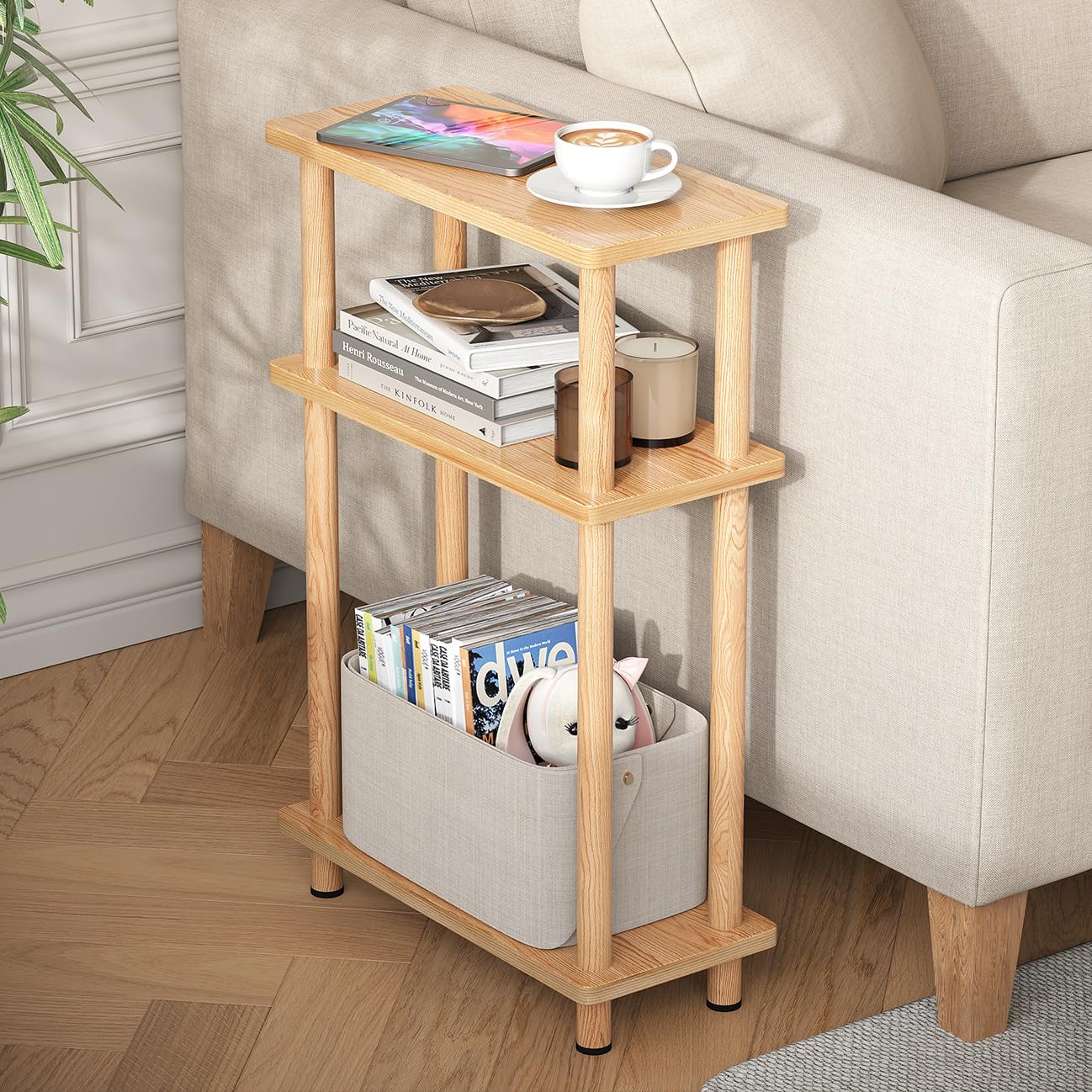 YOUDENOVA 3 Tier Tavolino Laterale Stretto, Tavolino da Divano Laterale, 40x18x61.5CM, Tavolino da Caffè Moderno Piccolo, Tavolino Piccolo Adatto per Soggiorno, Camera da Letto, Naturale