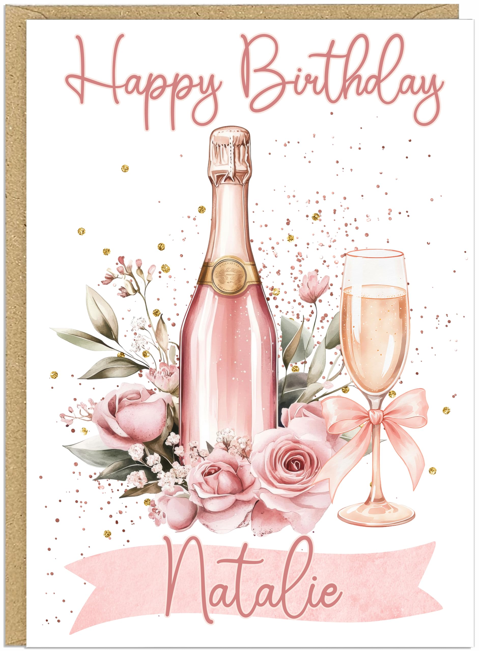 Personalised Pink Champagne Birthday Cards for Her - Luxury Prosecco - 5 Colours Including Rose Gold Blush Pink Customised Own Name and Text A5 Female Alcohol Themed Card (Rose Gold)