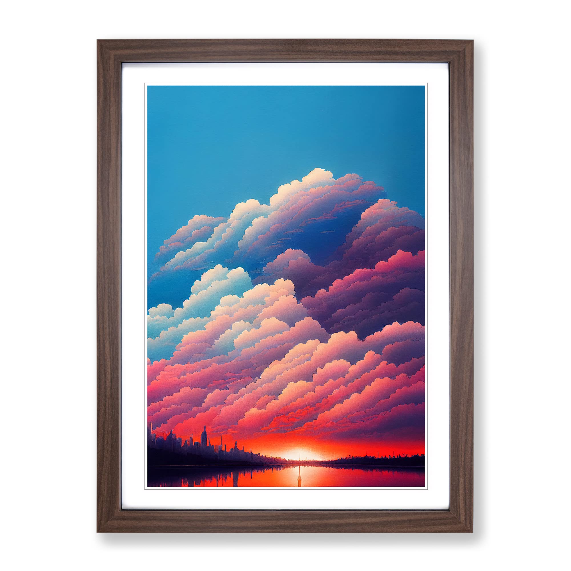 Watercolour City Skyline Clouds No.3 Framed Print, Walnut, A3 (34 x 46 cm)