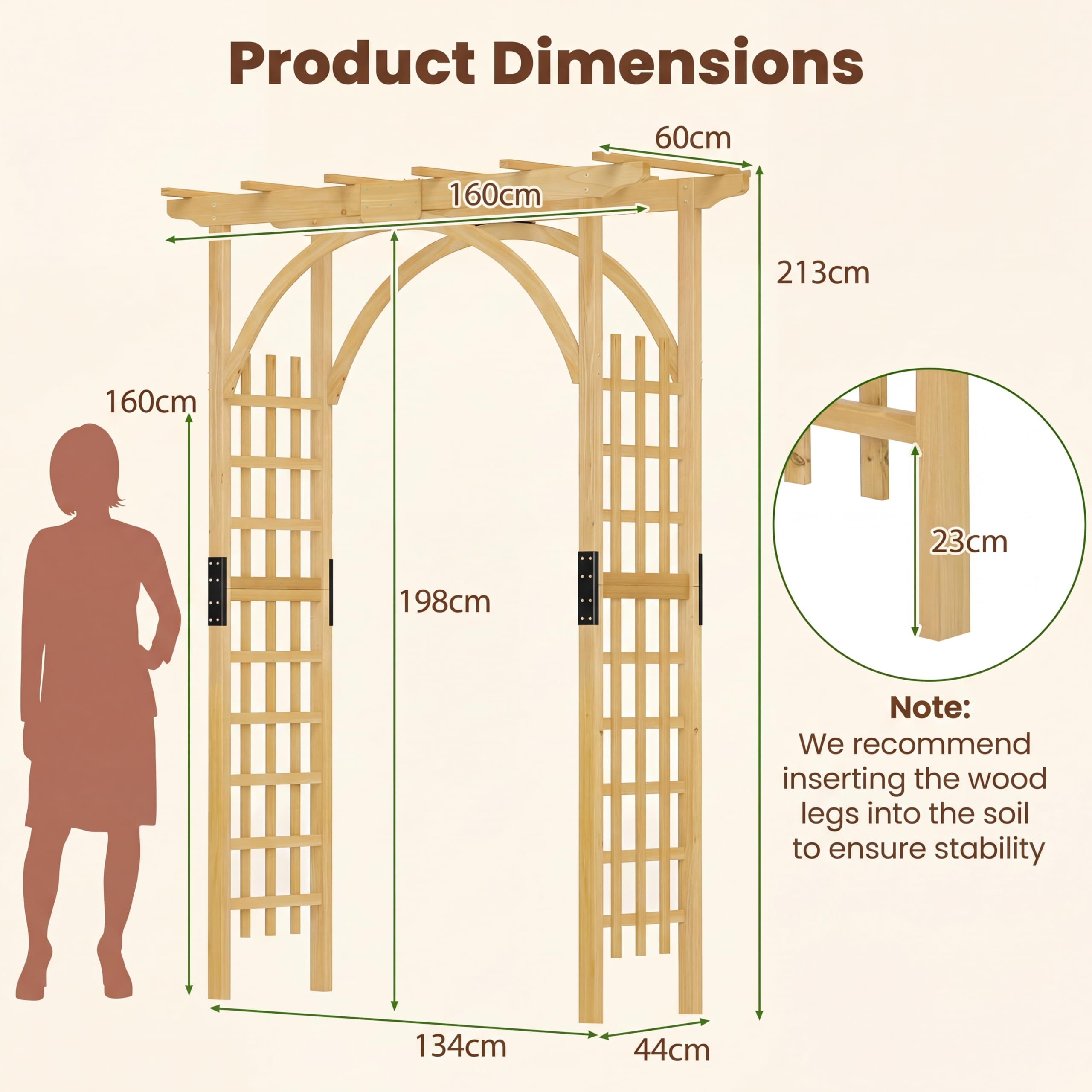 HOMASIS Arco da Giardino in Legno, Pergolato da Giardino per Piante Rampicanti, Arco Decorativo per Matrimoni, Feste e Cerimonie (Naturale, 160 x 60 x 217 cm)