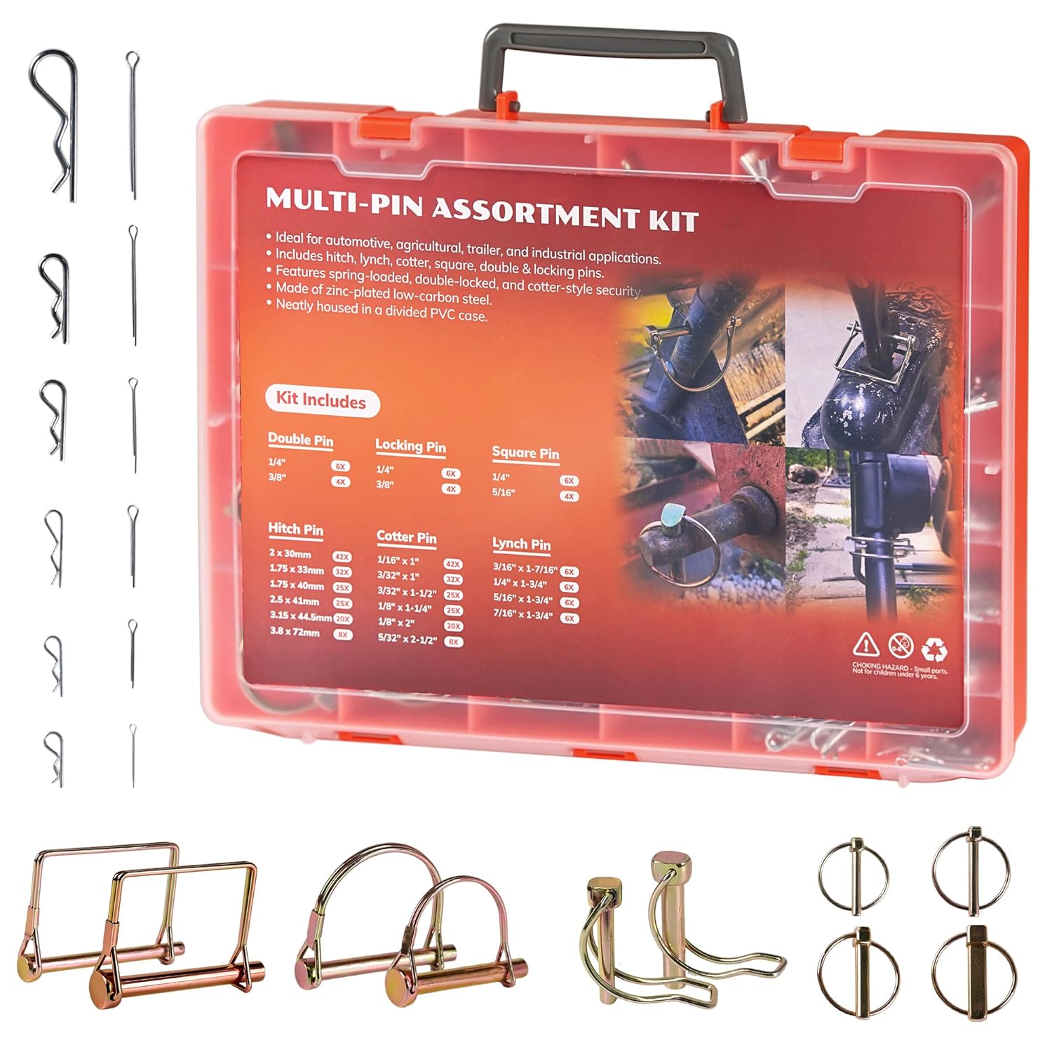 358 PCS Multi-Pin Assortment Kit, Includes Hitch Pins, Lynch Pins, PTO Pins for Tractors, Trailers, Trucks, Mowers, Snow Plows, Trash Can Couplers and Farm Equipment, Heavy Duty Trailers Accessories