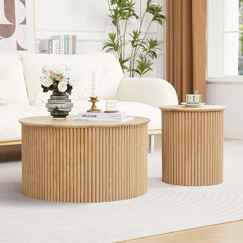 Fluted Round Nesting Coffee Table Set of 2 Circle Center Tables Living Room