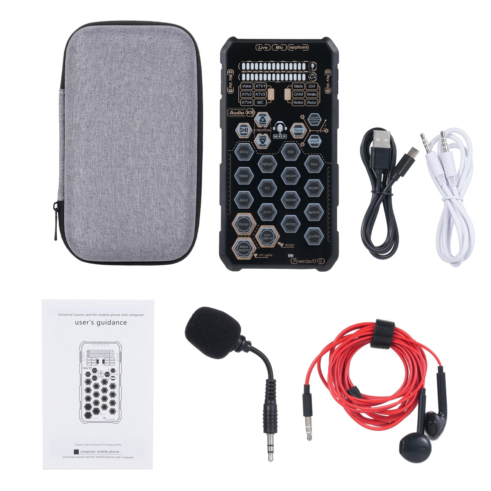 Scheda Audio Live Portatile K9 con di Voce - 6 modalità di Canto e 6 Effetti Vocali - Mixer USB per Karaoke e Registrazione - Compatta e Facile da Usare per Podcaster e Streamer