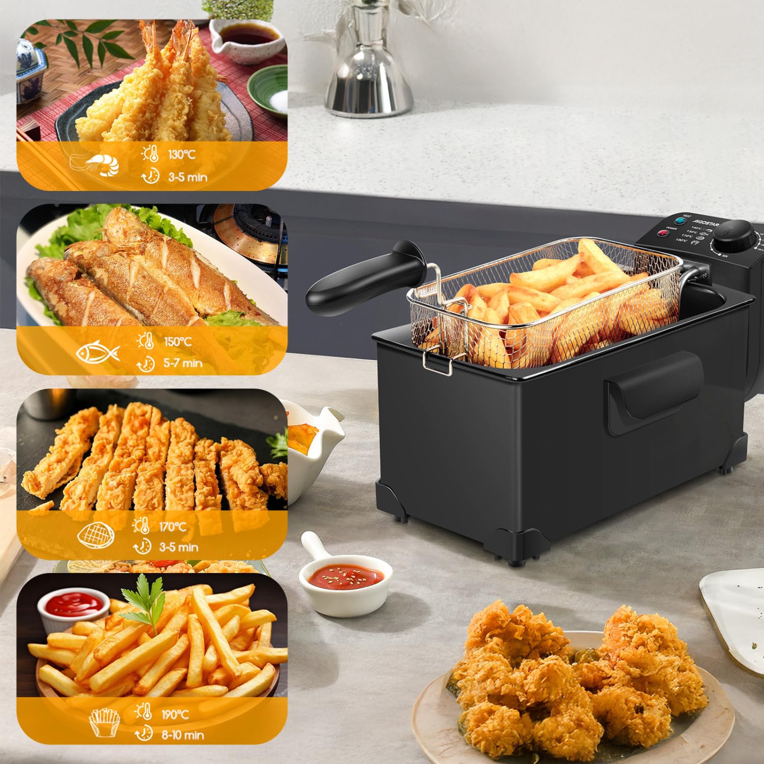 Aigostar Freidora de 3 litros, Acero inoxidable tipo 304 | 2200 watios de potencia, tapa con ventana de visualización, recipiente totalmente extraíble para vaciado de aceite