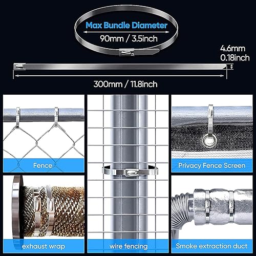 Miniatura 6 de Bridas de metal, 100 piezas de 11.8 pulgadas, bridas de acero inoxidable 304 multiusos, adecuadas para valla de eslabones de cadena al aire libre