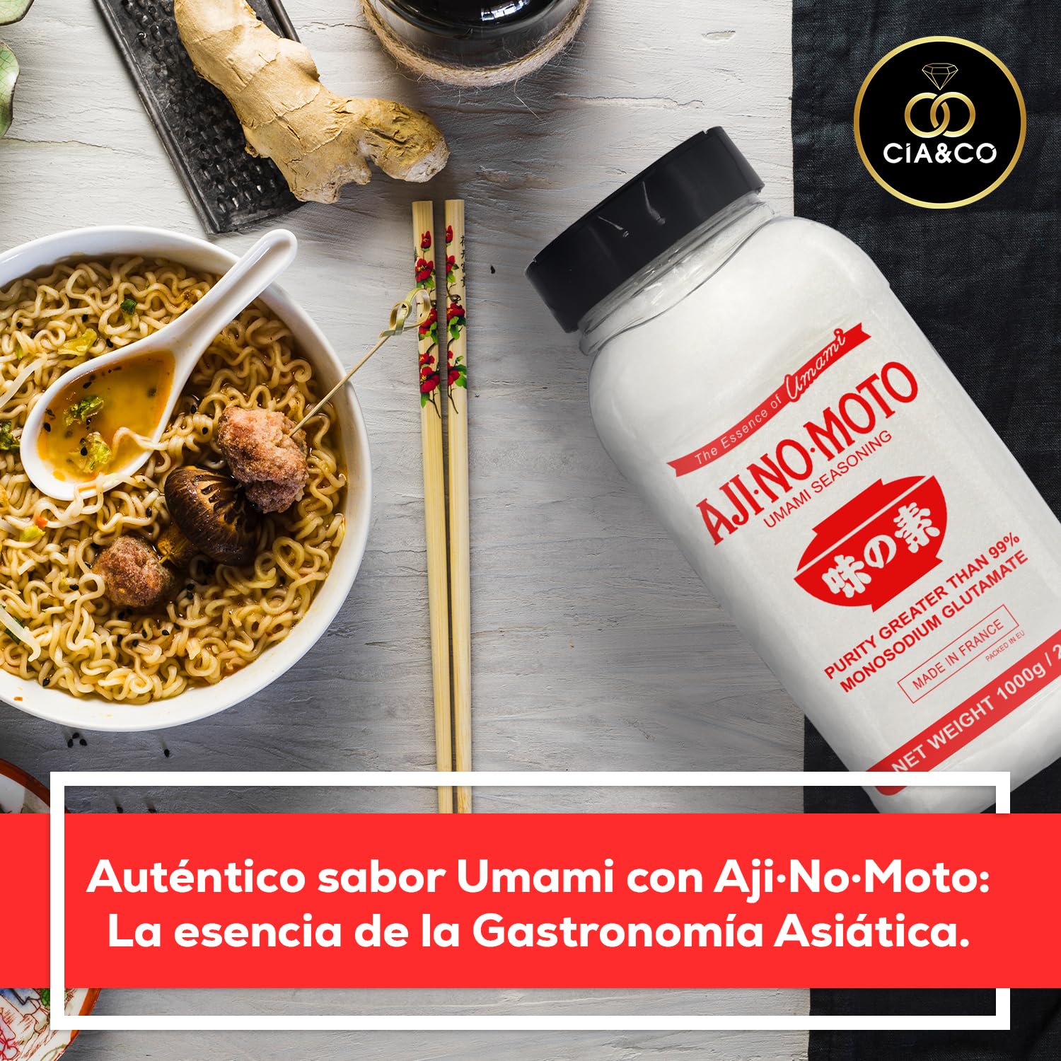 AJINOMOTO de Glutamate Monosodique 1 Kilo + Nouveau Pot Doseur Spécial, Assaisonnement Umami en Poudre avec Glutamate Monosodique (MSG) (1 X 1000 GR)