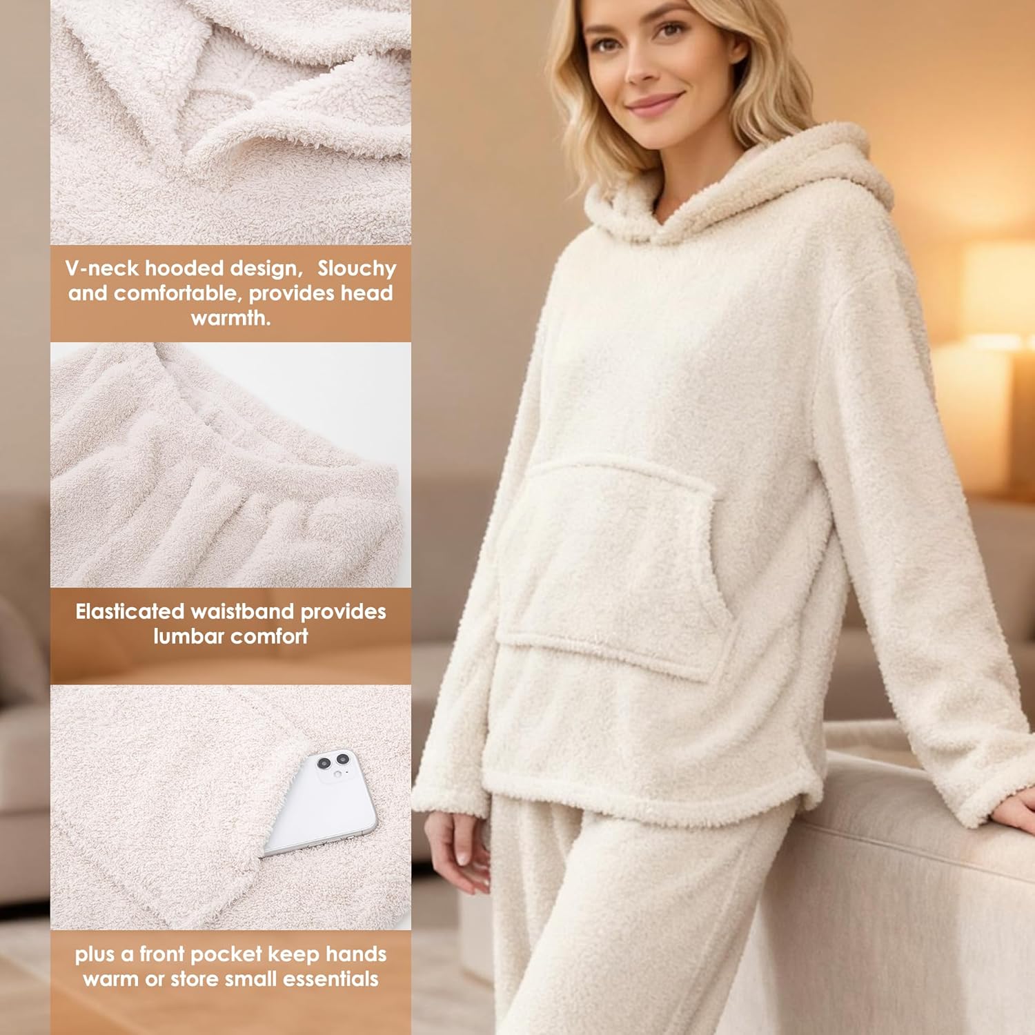Fluffy Pullover Sleepwear Pajamas Set,Winter Warm Sherpa Fleece Loungewear for Women, Soft Thermal Pjs - Image 4