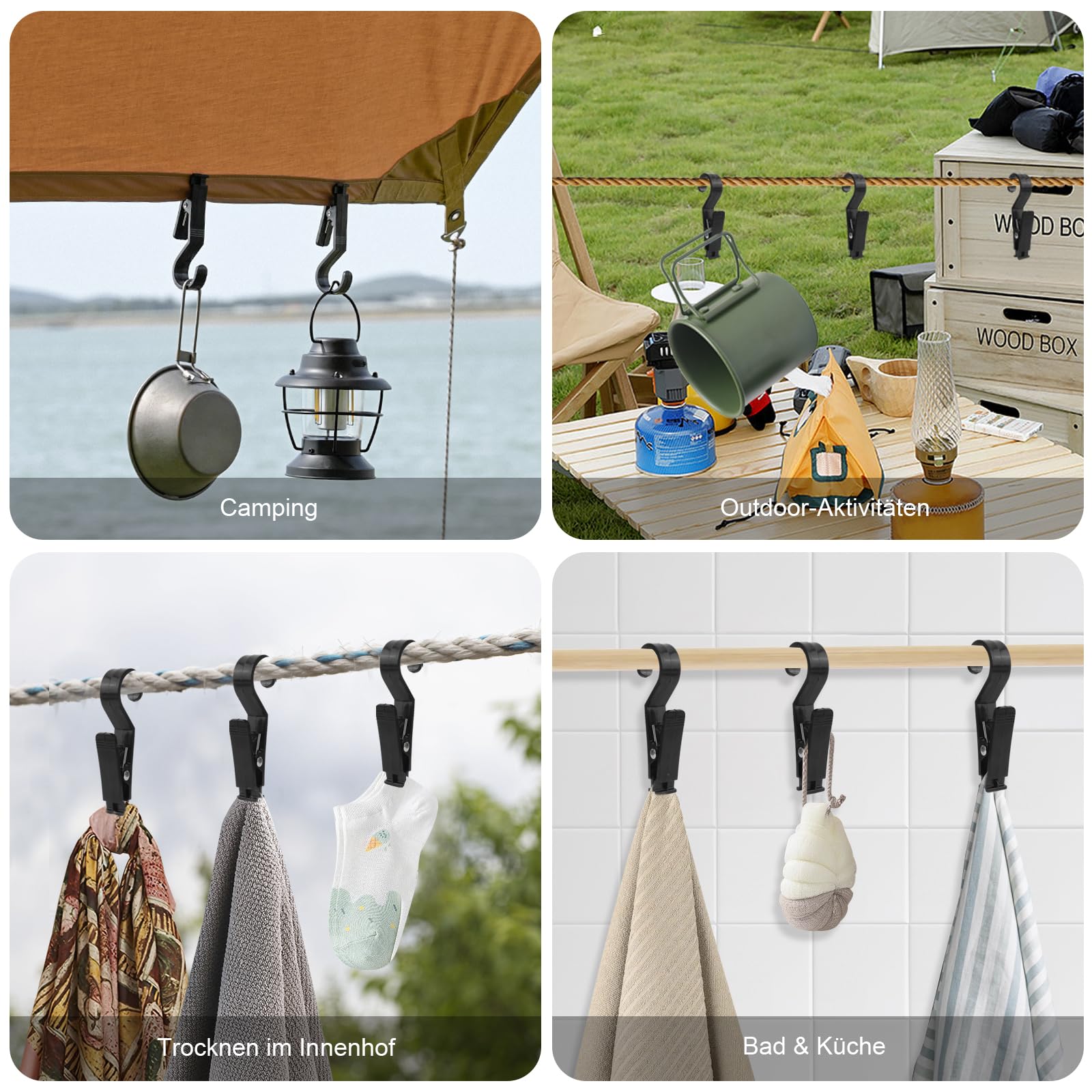 Lot De 4 Pinces Multifonctions 2 En 1 Camping - Pinces à Linge Et Crochets Pour Tente Et Lanterne - Noir