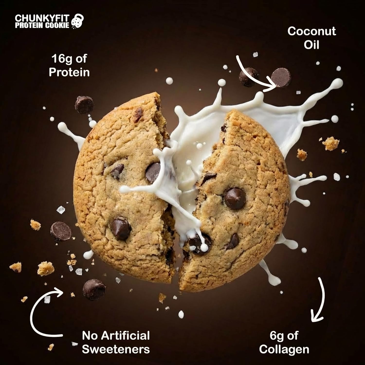 CHUNKYFIT Chocolate Chip Protein Cookie - Made with Coconut Oil, Collagen, 16g Protein and a Touch of Honey, Soft Baked Balanced Snack, Good for Post Workout Recovery - 1.88 OZ - 10 Pack