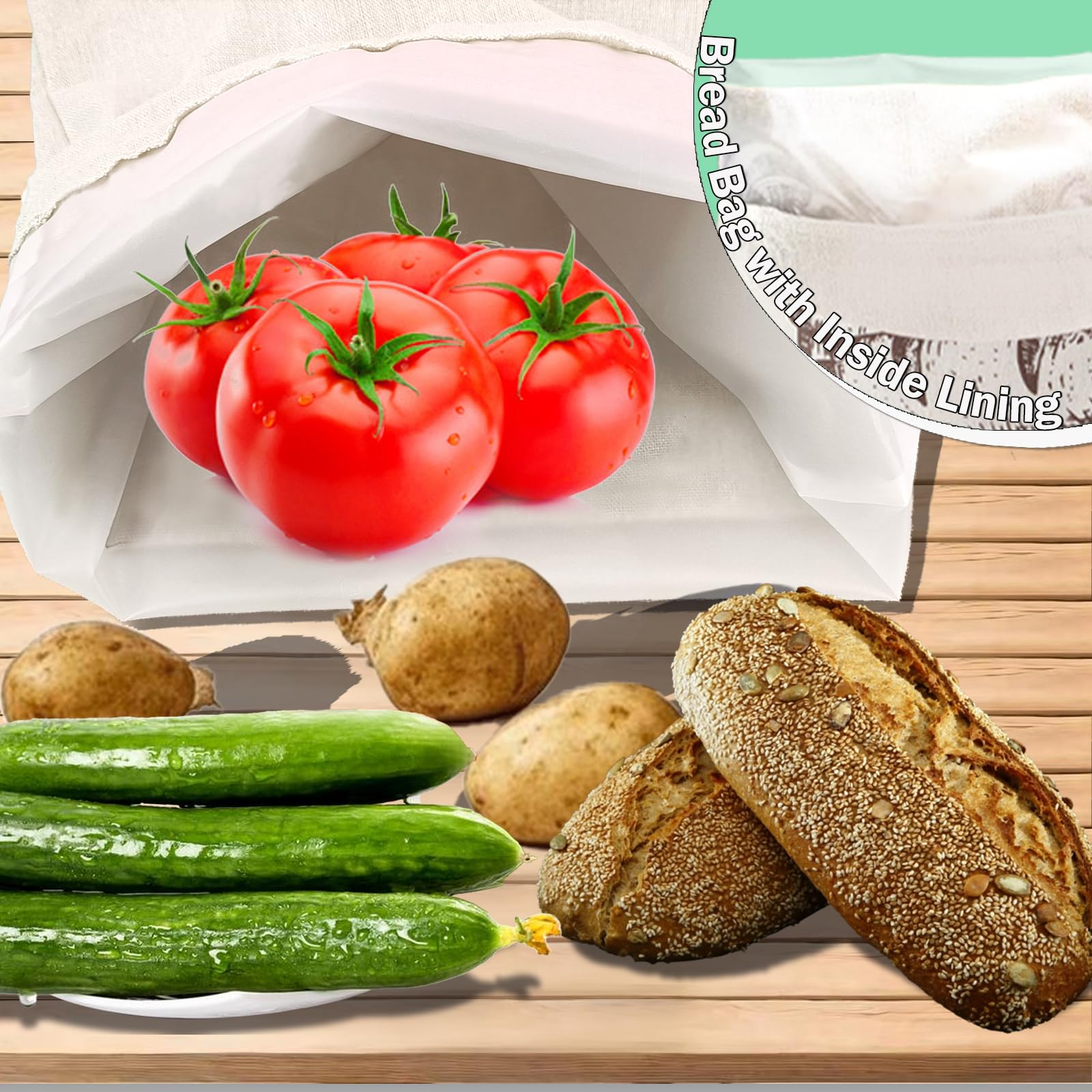 Brotbeutel mit Innenfutter, 2 Stück, wiederverwendbare Leinen-Brotaufbewahrungstaschen, 29,8 x 29,2 cm, hausgemachter Brötchenbehälter, doppelter Kordelzug-Verschluss für Obst und Baguette