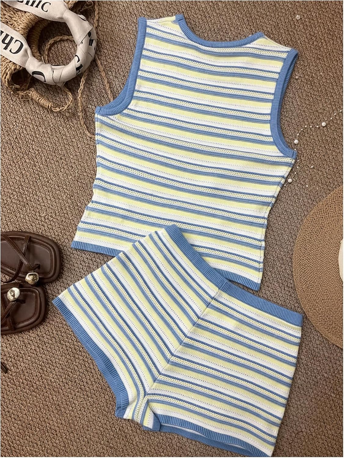 Verdusa Women's 2 Piece Striped Matching Sets Sleeveless Tank Tops with Mini Shorts Vacation Outfits