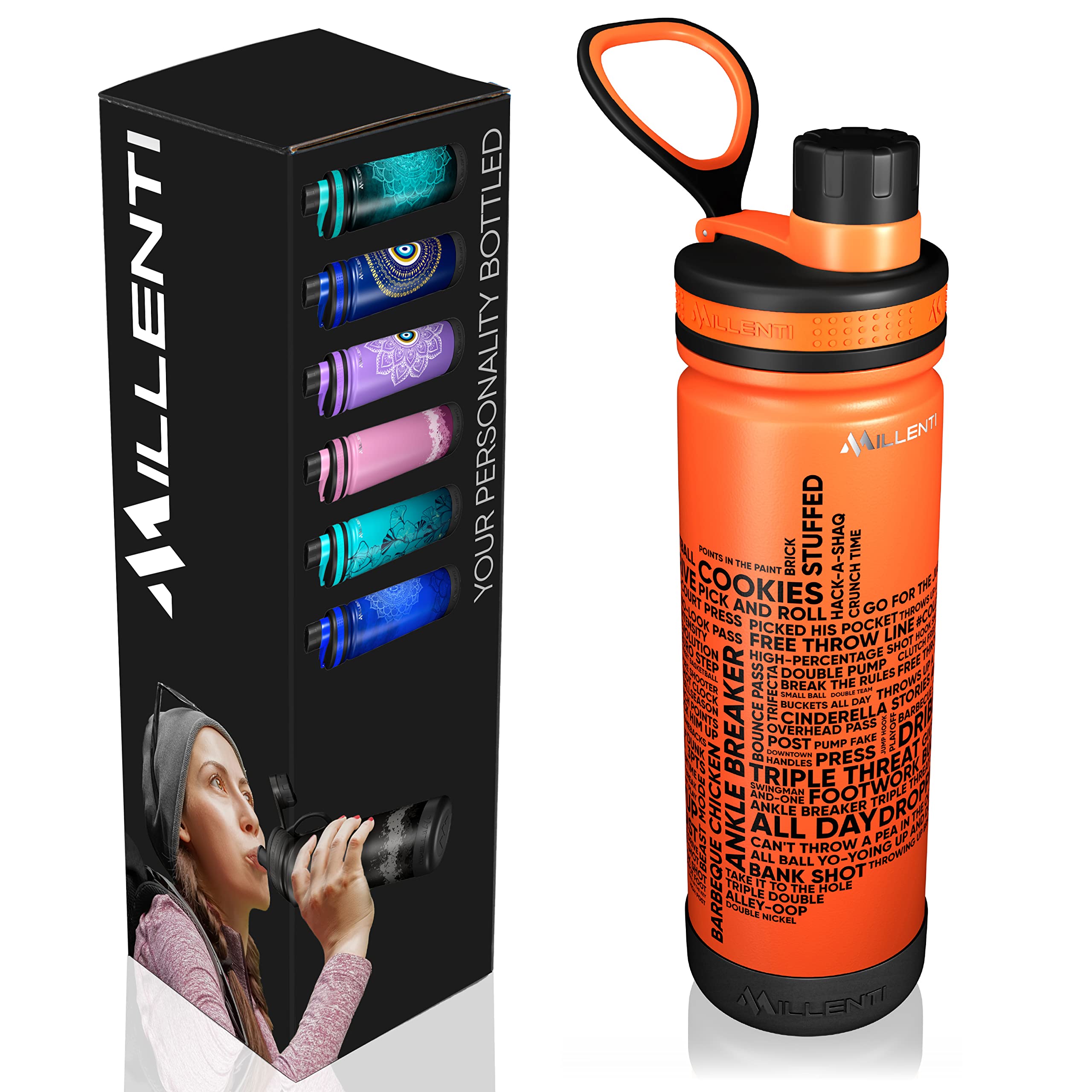 MILLENTI Sports Water Bottle Chug-Cap - 26oz Vacuum Insulated, Stainless Steel, Double Walled, Flask Bottles, Orange, WB0726O