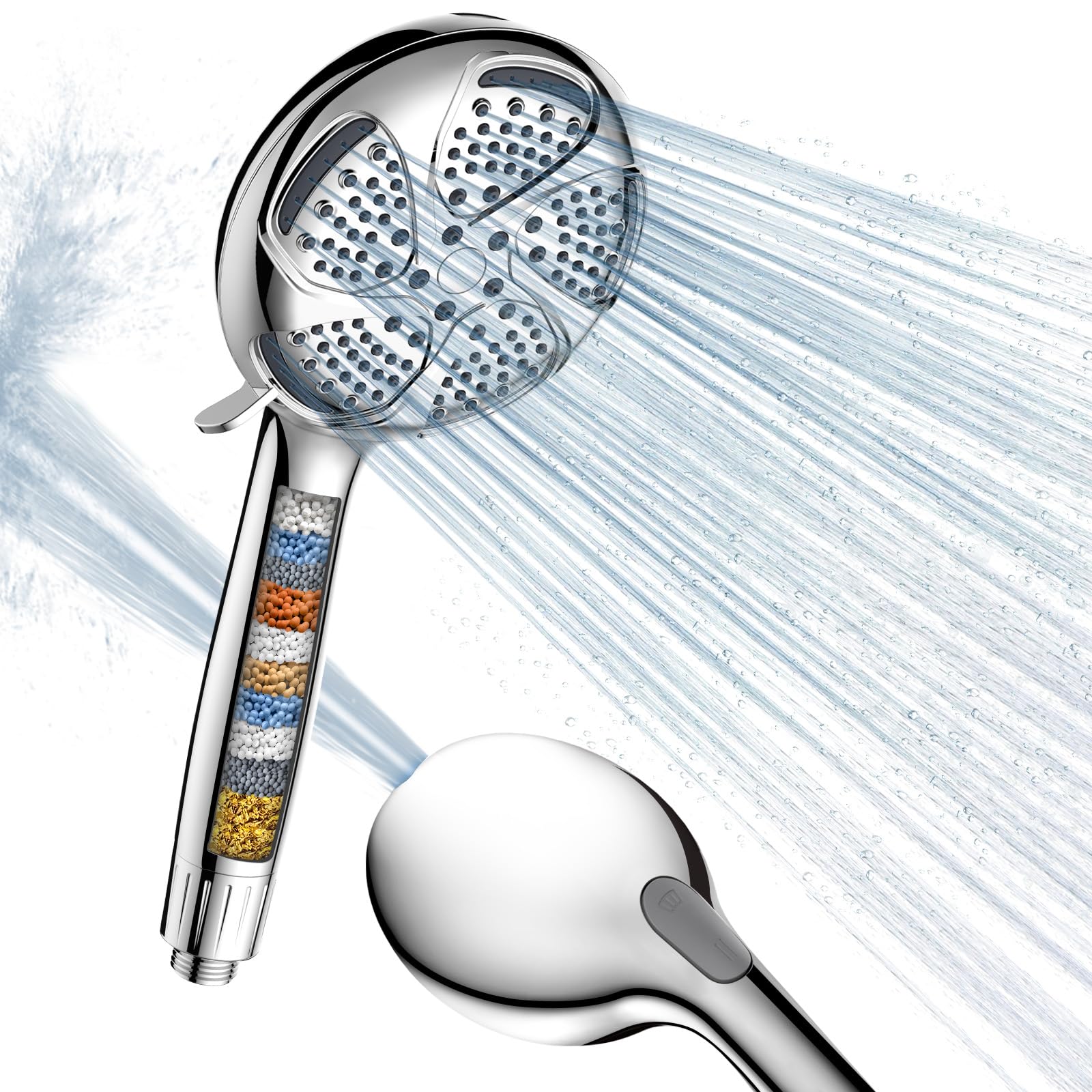FEELSO Pommeau de Douche Anti Calcaire avec Filtre à 15 Couches, 3+1 Types de Jets Pommeau Douche Haute Pression,Douchette Douche avec Stop Eau (Noir