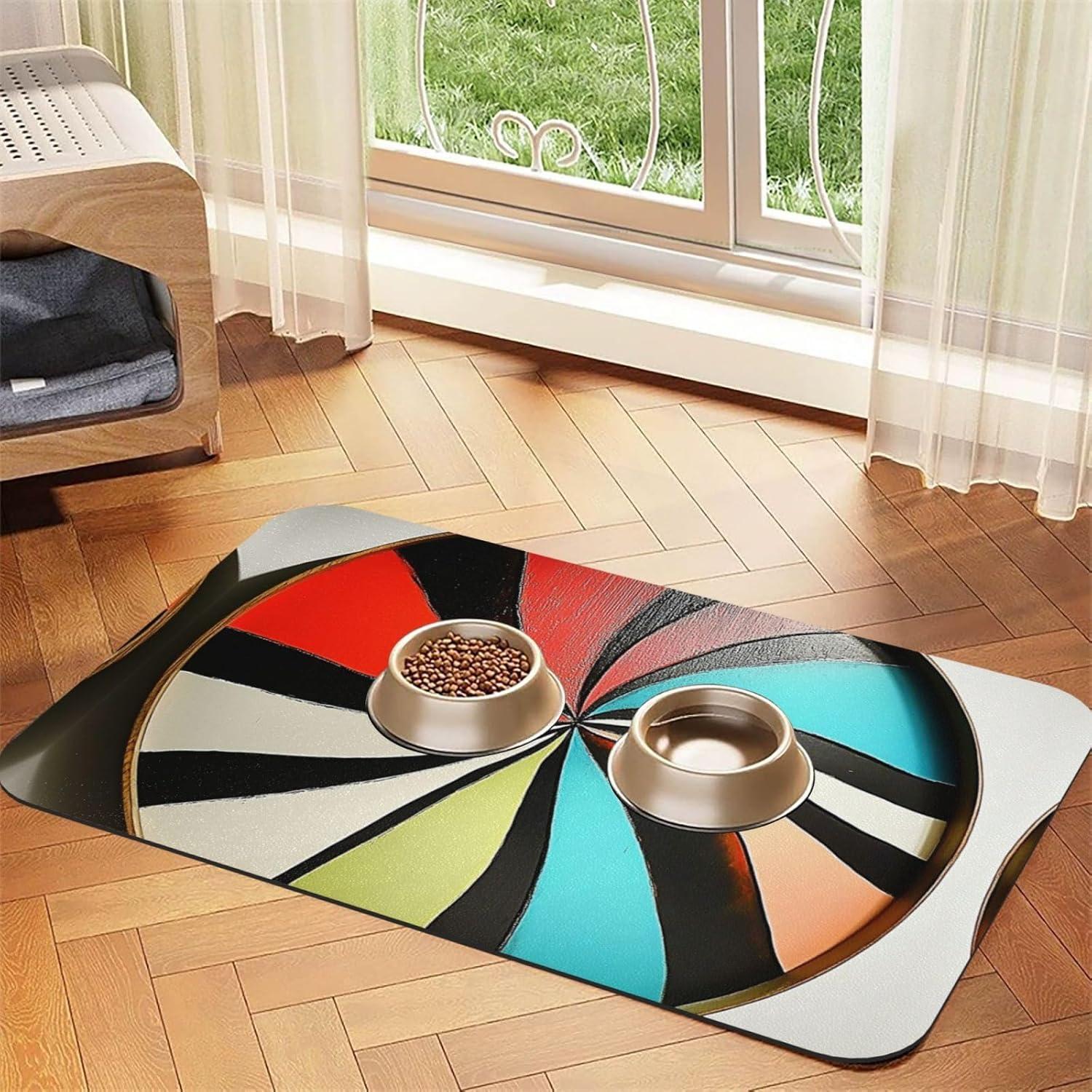 Inverted Rainbow Dart Plate Pet Feeding Mat Dog Cat Eating Food Absorbent Leather Tablecloth for and Water Bowl Waterproof No Stains Quick Dry Non-Slip 23.62 * 15.75IN