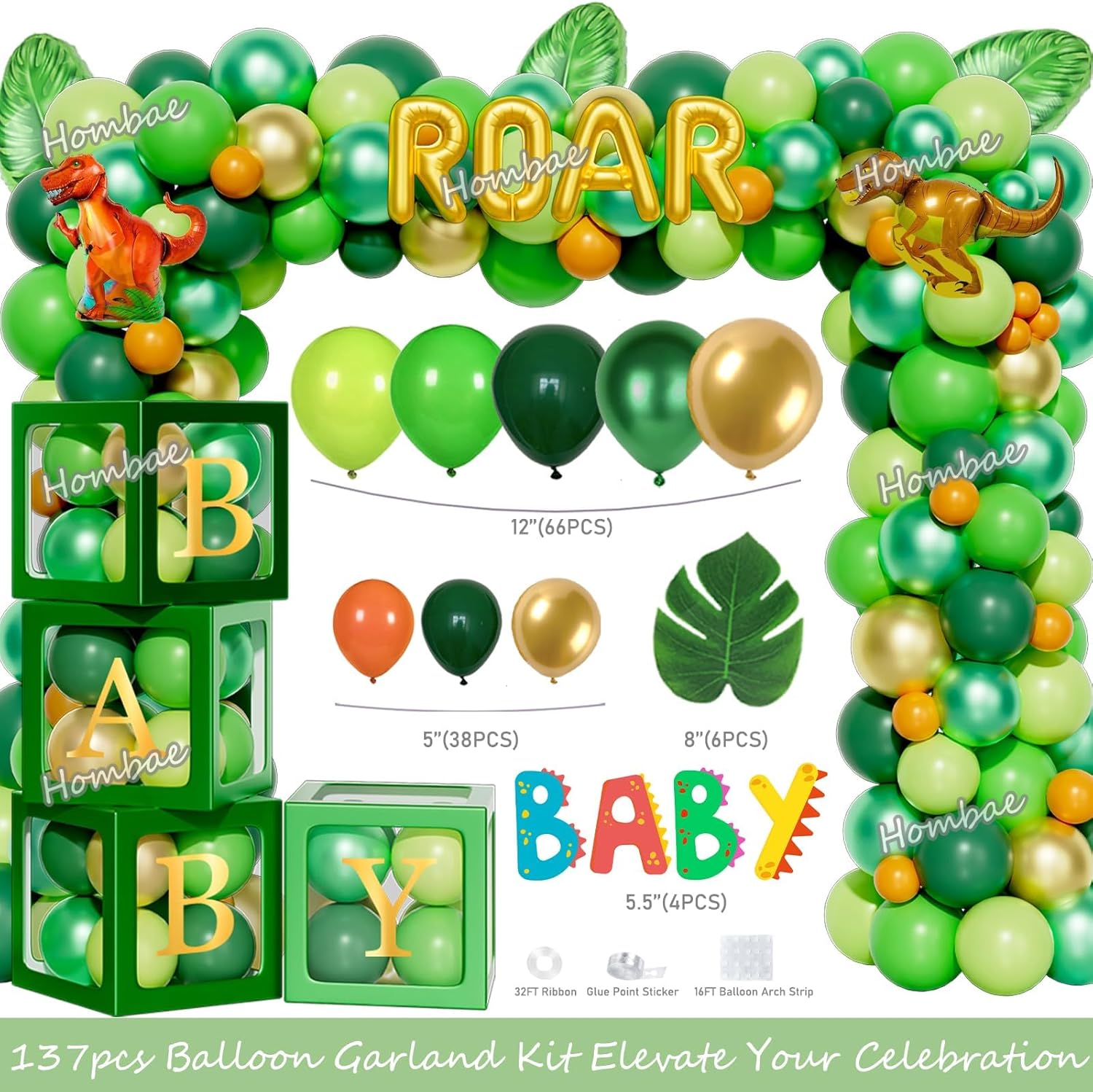 Dinosaur Baby Shower Decorations for Boy, Dino Themed Baby Shower Decorations, Rawr It’s a Boy Party Supplies Backdrop Balloon Banner Box Cake Cupcake Topper Mummy To Be Sash Green Gold