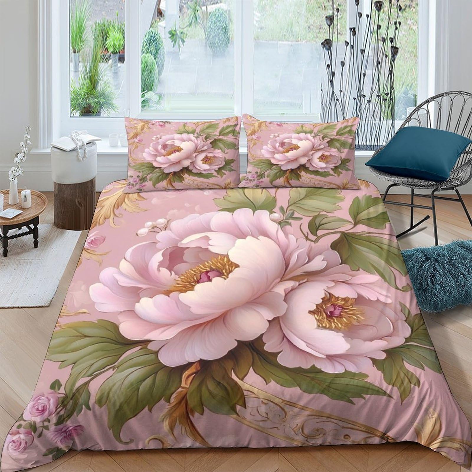 Ctjqhvkz Style-5 3D Printed Pink Peony Fitted Sheet Microfiber Soft Breathable Blossom Bed Cover For Bedroom Guest Room Decor Single（135X200cm）