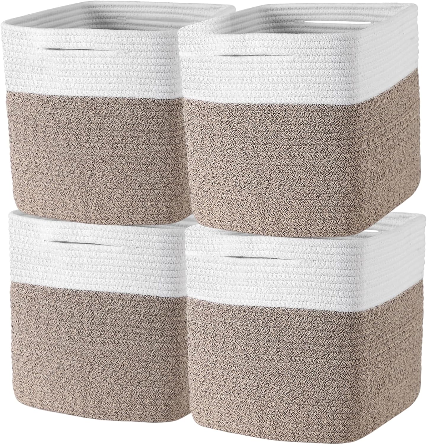 Storage Cubes 11 Inch Storage Baskets for Shelves, Set of 4 Cotton Rope Woven Baskets for Organizing, Cube Storage Square Bins for Toy, Playroom Decor, Classroom, Closet, White+brown