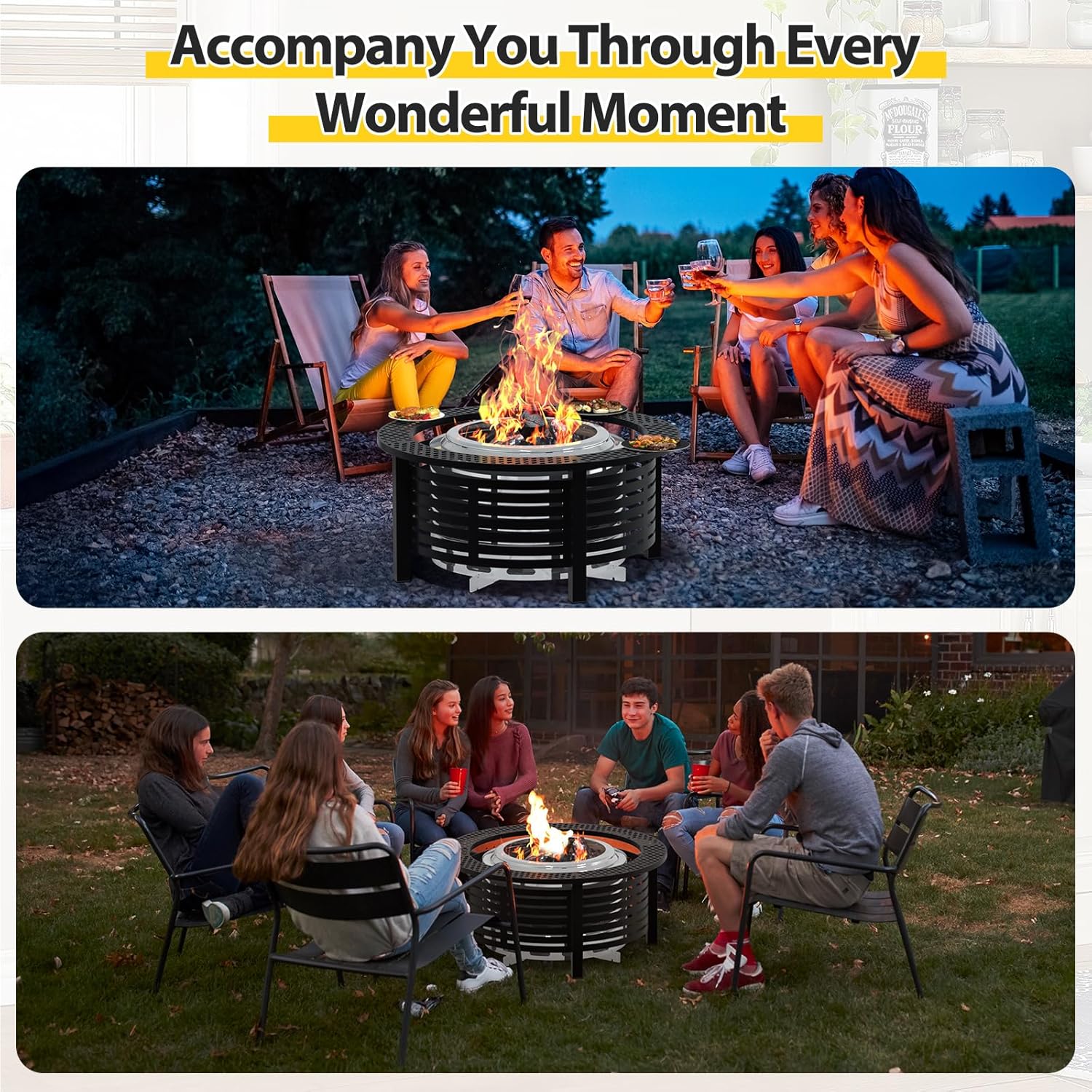 Fire Pit Surround Tabletop for Solo Stove Bonfire & Ranger 2.0 with Heat Shield, 36'' Powder-Coated Iron Surround Solo Stove Accessories for Safety & Extra Space, 25" Inner Fits Most Firepits, Black