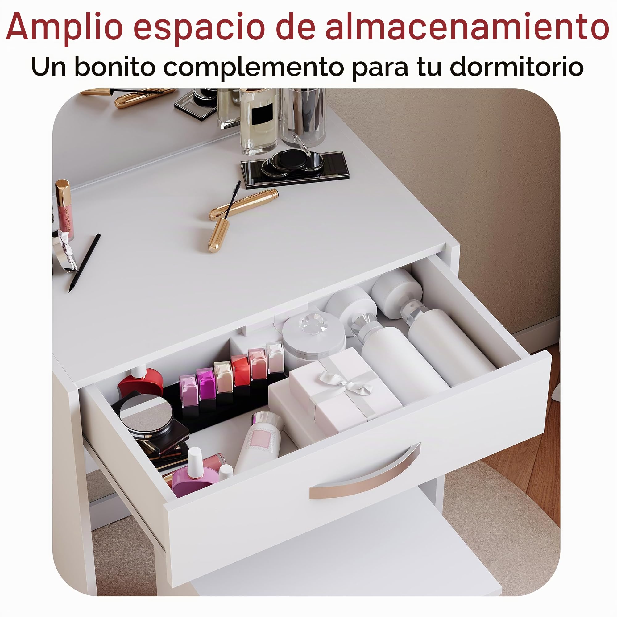 Vida Designs Tocador Isla 1 cajón Espejo y Taburete Juego de Dormitorio Maquillaje tocador cosméticos Almacenamiento Escritorio tocador Muebles Blanco..
