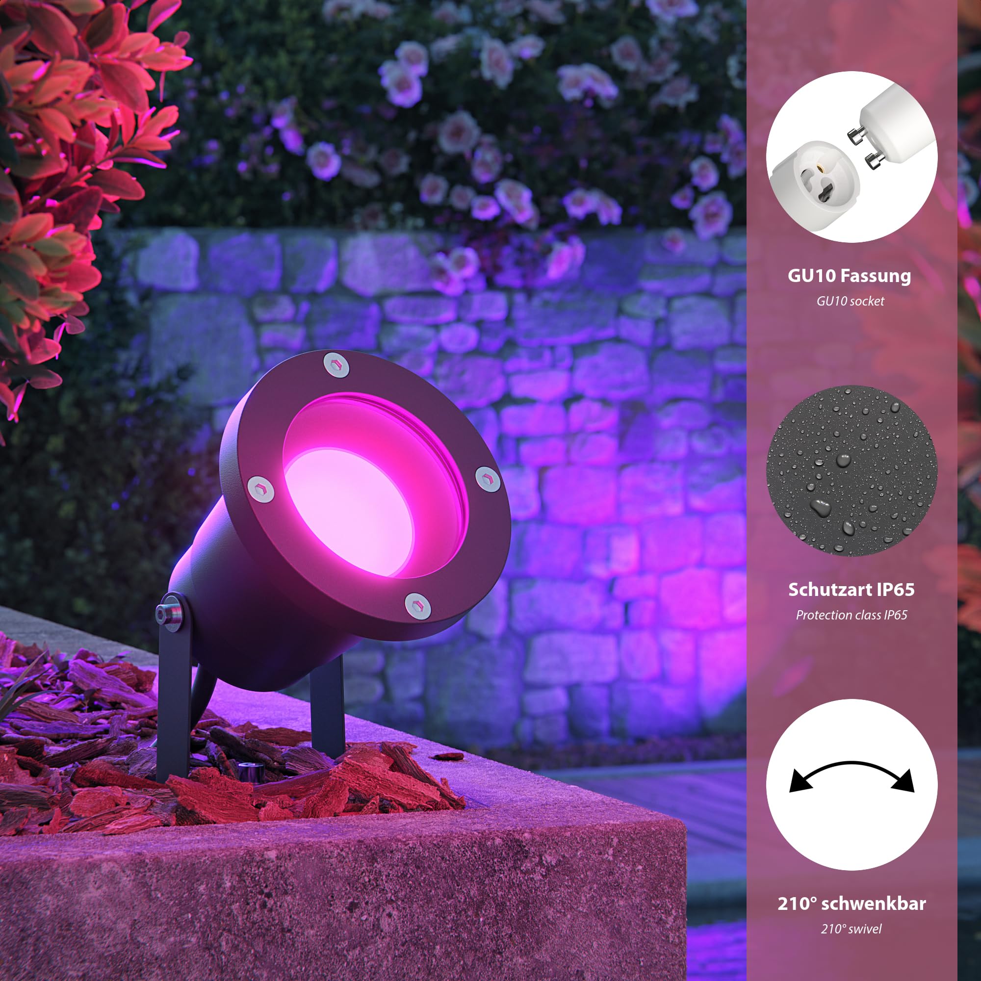 ledscom.de Lot de 3 projecteurs de jardin à LED DUK anthracite avec piquet pour l'extérieur, IP65, avec ampoule LED GU10 RGBW pour maison connectée incluse (5,5 W, 473 lm)