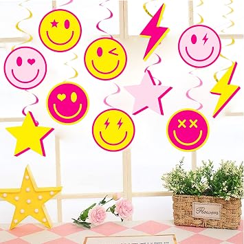 Preppy Party Hanging Swirls Preppy Birthday Party Decoration Smile Face Lightning Star Themed Swirl Ceilings Smile Face Party Hanging Streamers for Preppy Theme Bachelorette Party Supplies