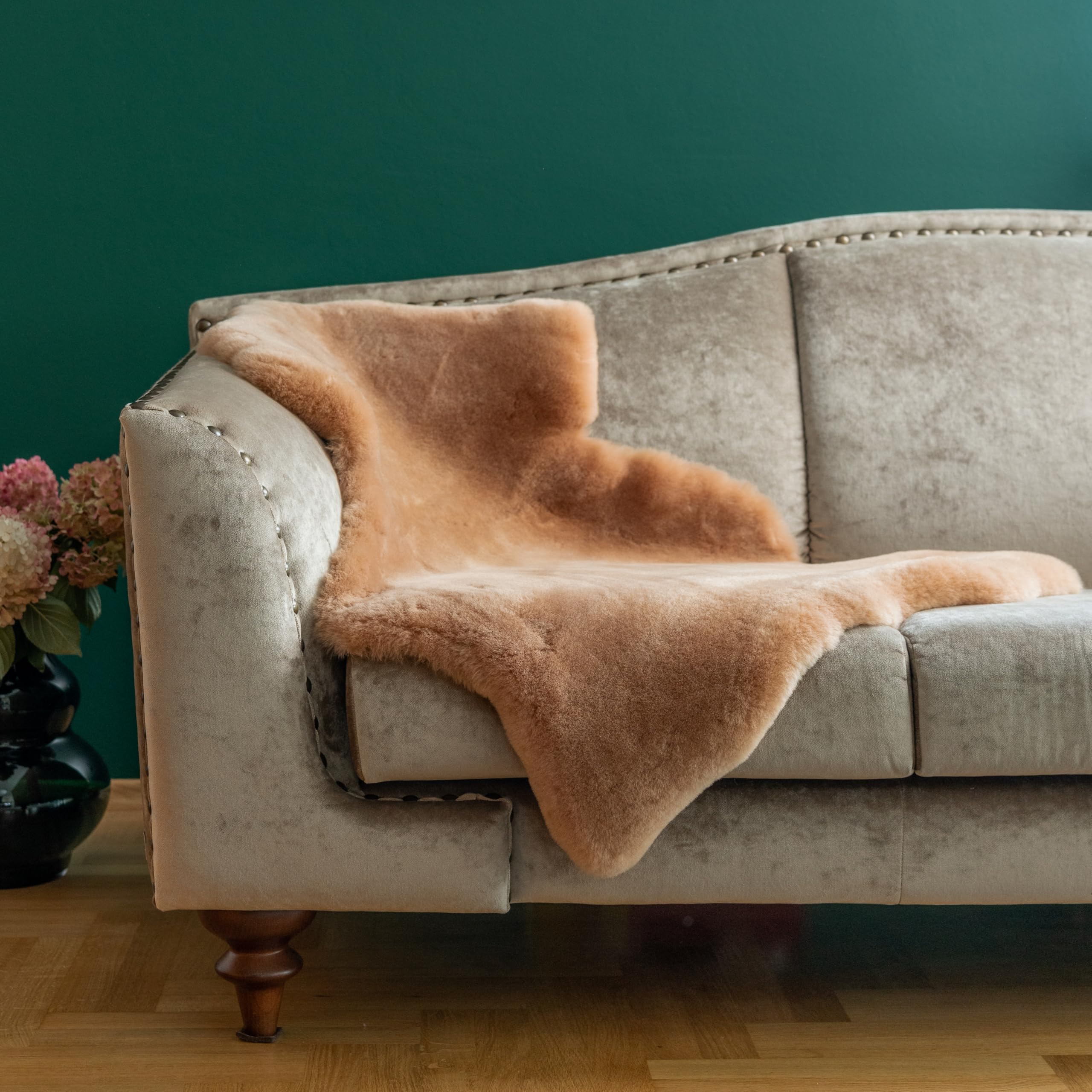 Peau de Mouton mérinos véritable de qualité supérieure Peau d'agneau véritable, Douce et Moelleuse, Fourrure pour chaises, Peau de (Beige/Pêche, 100 x 110 cm)