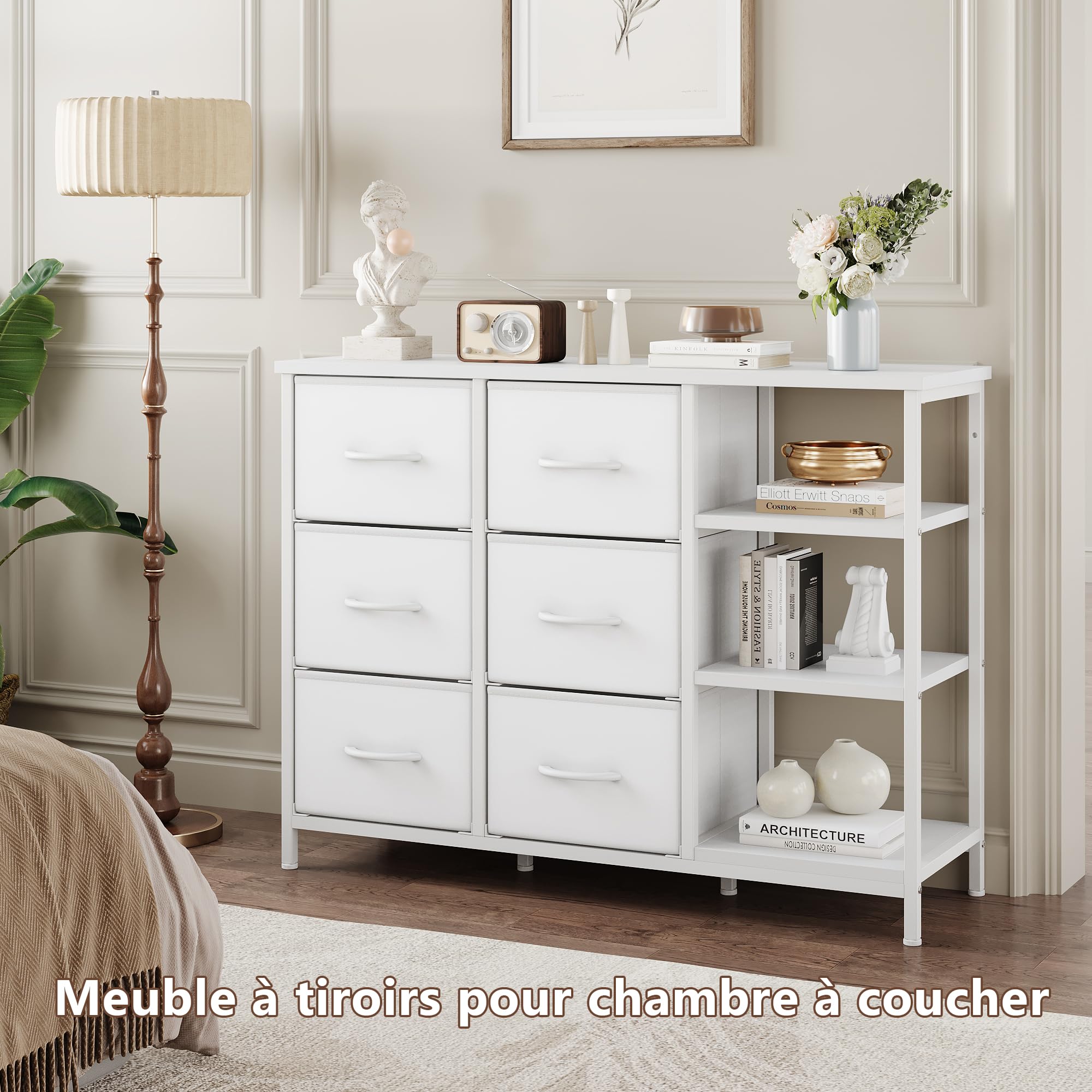 Feonase Commode à 6 tiroirs avec meuble de rangement ouvert, en tissu de style moderne, 100 x 30 x 76 cm, blanc