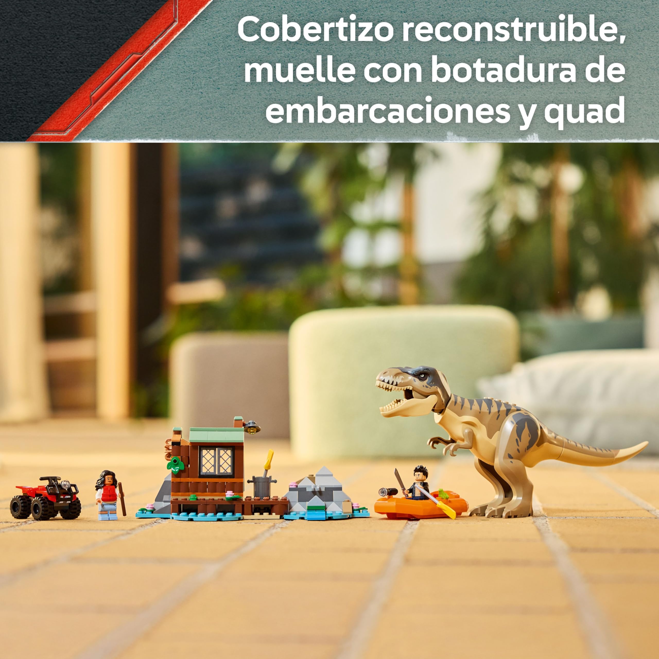 LEGO Jurassic World Huida por el Río y T. Rex a la Caza - Figura de Dinosaurio de Juguete Interactivo, Barco, Quad y 2 Minifiguras - Regalo de Cumpleaños para Niños y Niñas de 5+ Años 76975