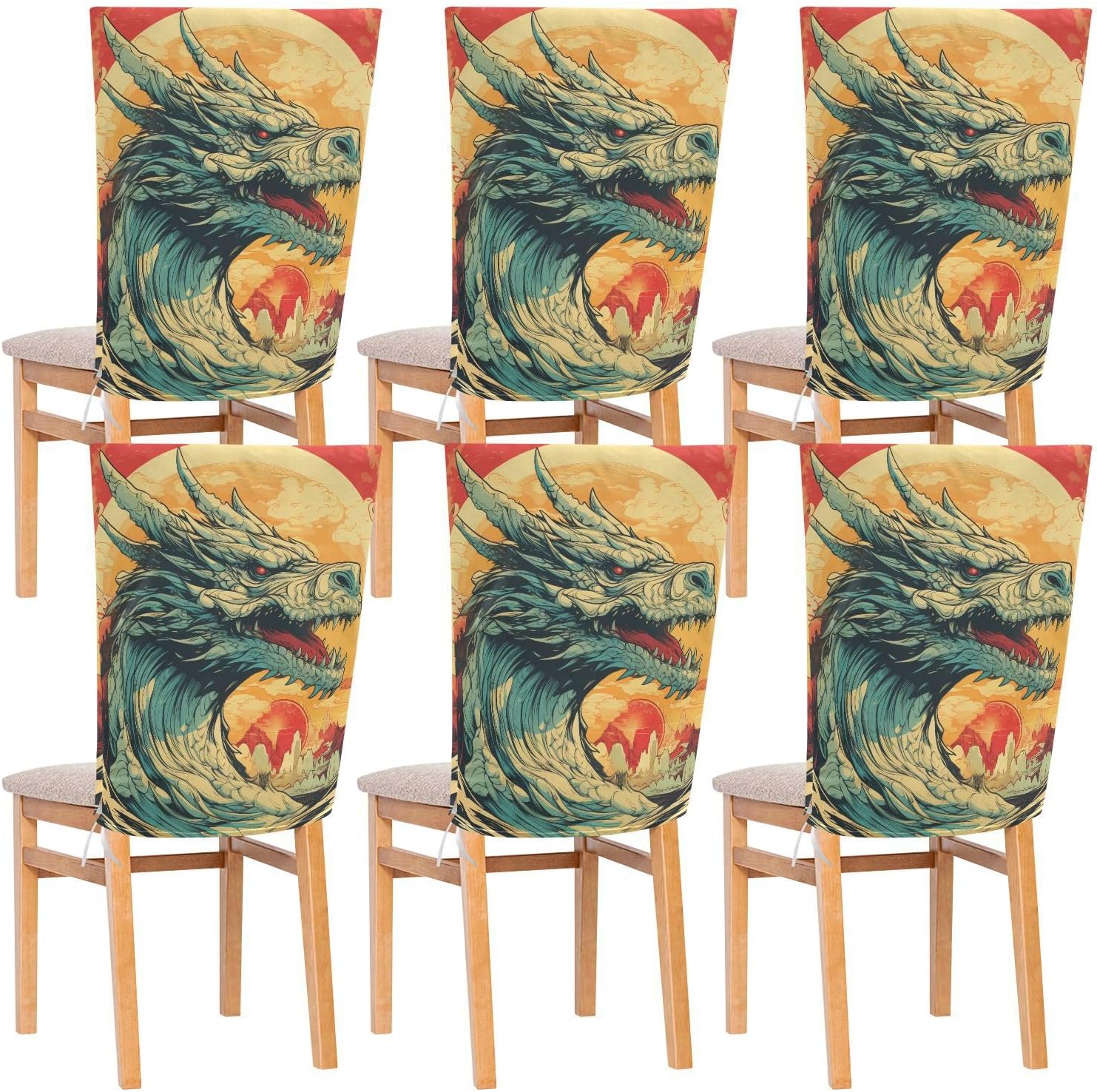 ALAZA Blue Dragon on Red Background Chair Back Cover Set of 6, Washable Reusable Removable Chair Slipcovers Decorative Chair Cover for Home Kitchen Wedding Party