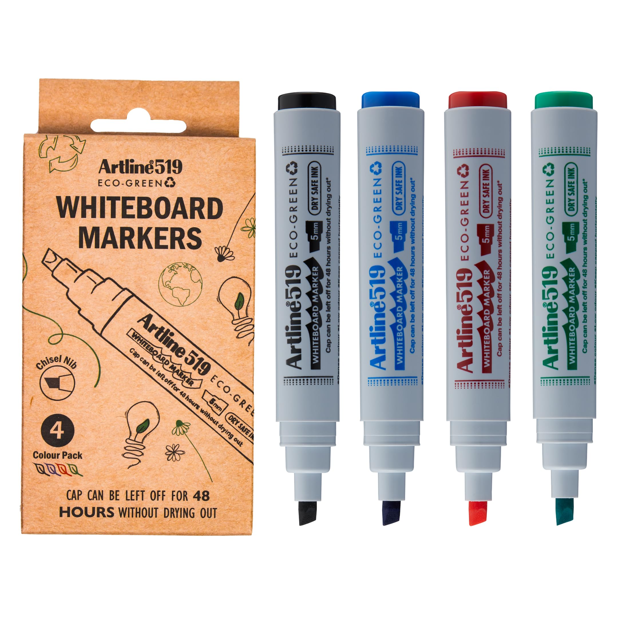 Artline Eco Whiteboard Pens, Pack of 4 Assorted Dry Safe Whiteboard Markers for School & Office, 2-5mm Nib, 48hr Cap-Off Time, Non-Toxic White Board Markers Erasable - Genuine White Board Pens