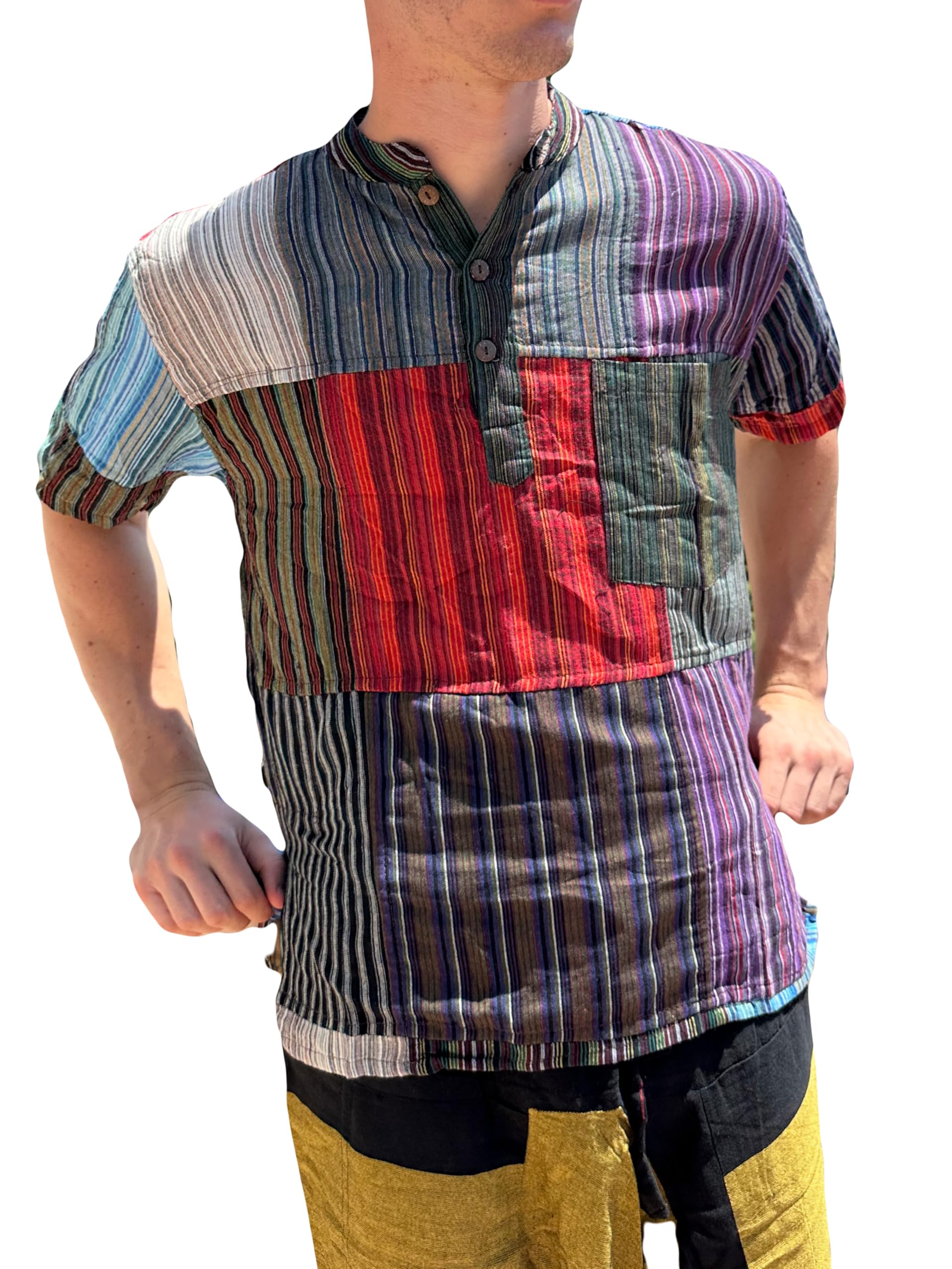 MIGURA Camisa Hombre Ancha Camiseta Mangas Cortas Botones Camisa Rayas Ropa Hippie Étnica Bohemia Casaual Verano Abierta Estampada Talla Unica Cuadrado Multicolor